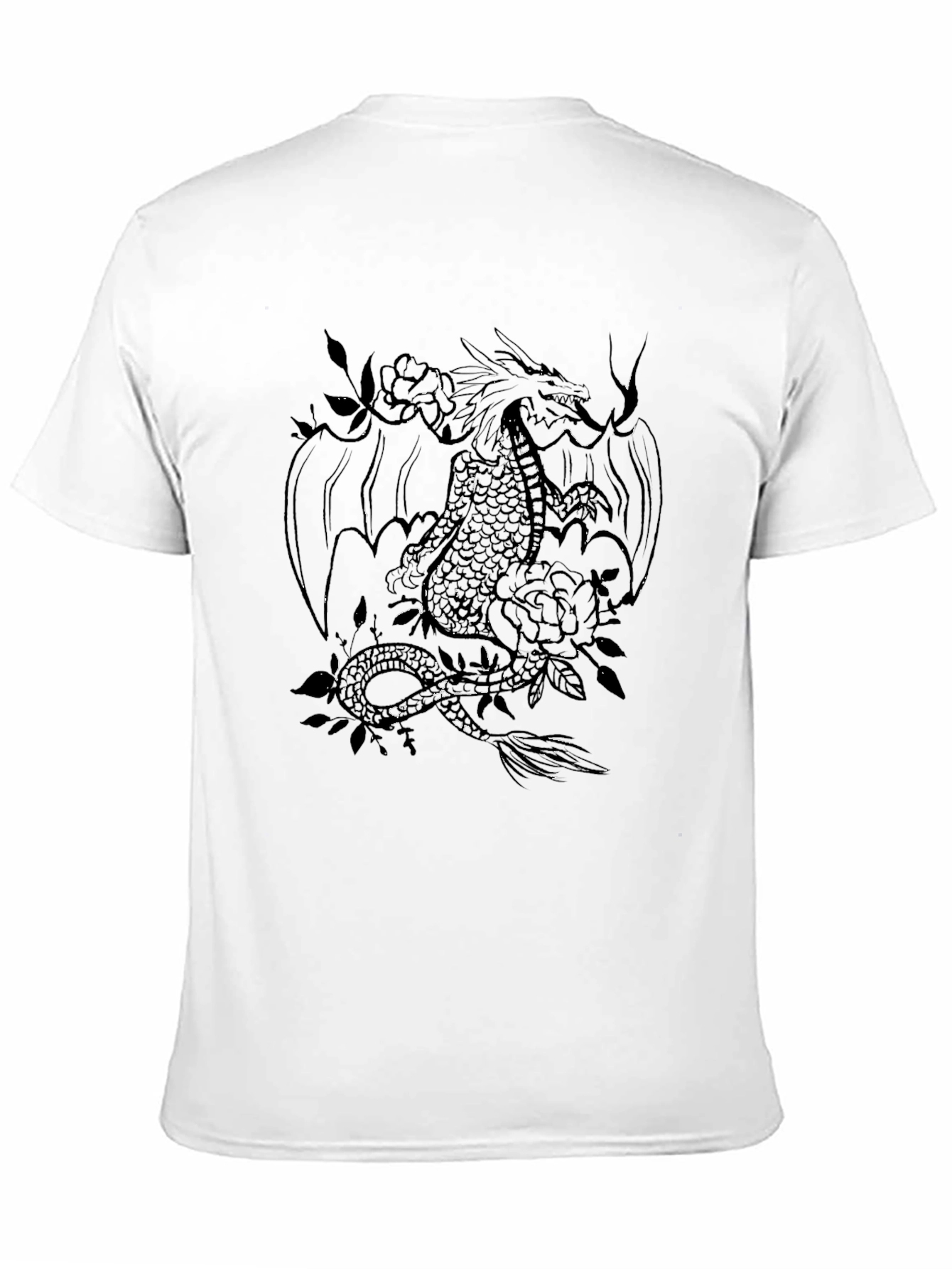 Dragon and Roses Graphic Tee - Black Cotton Blend