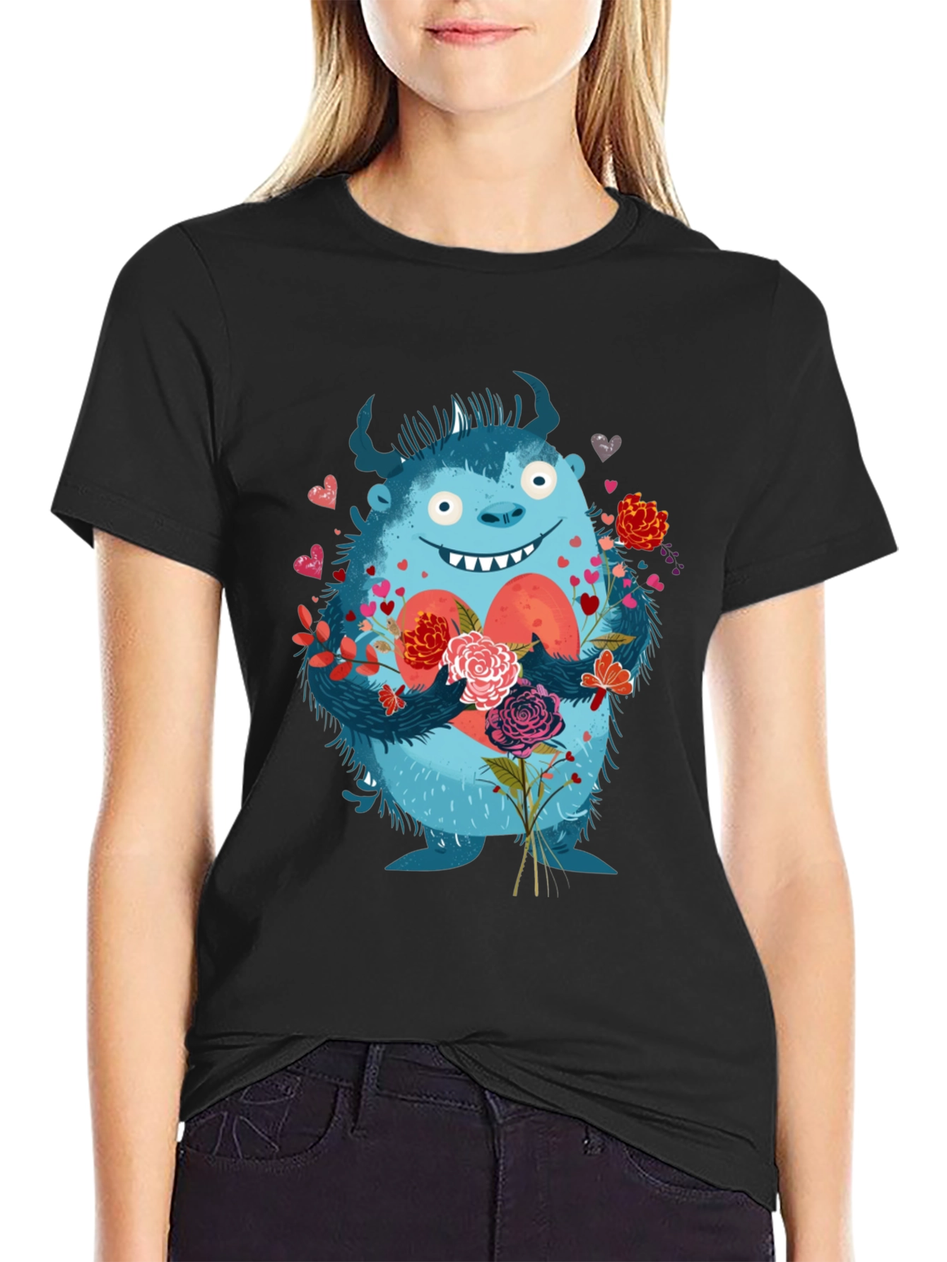 Monster Love T-Shirt - Heart & Flowers Graphic Tee