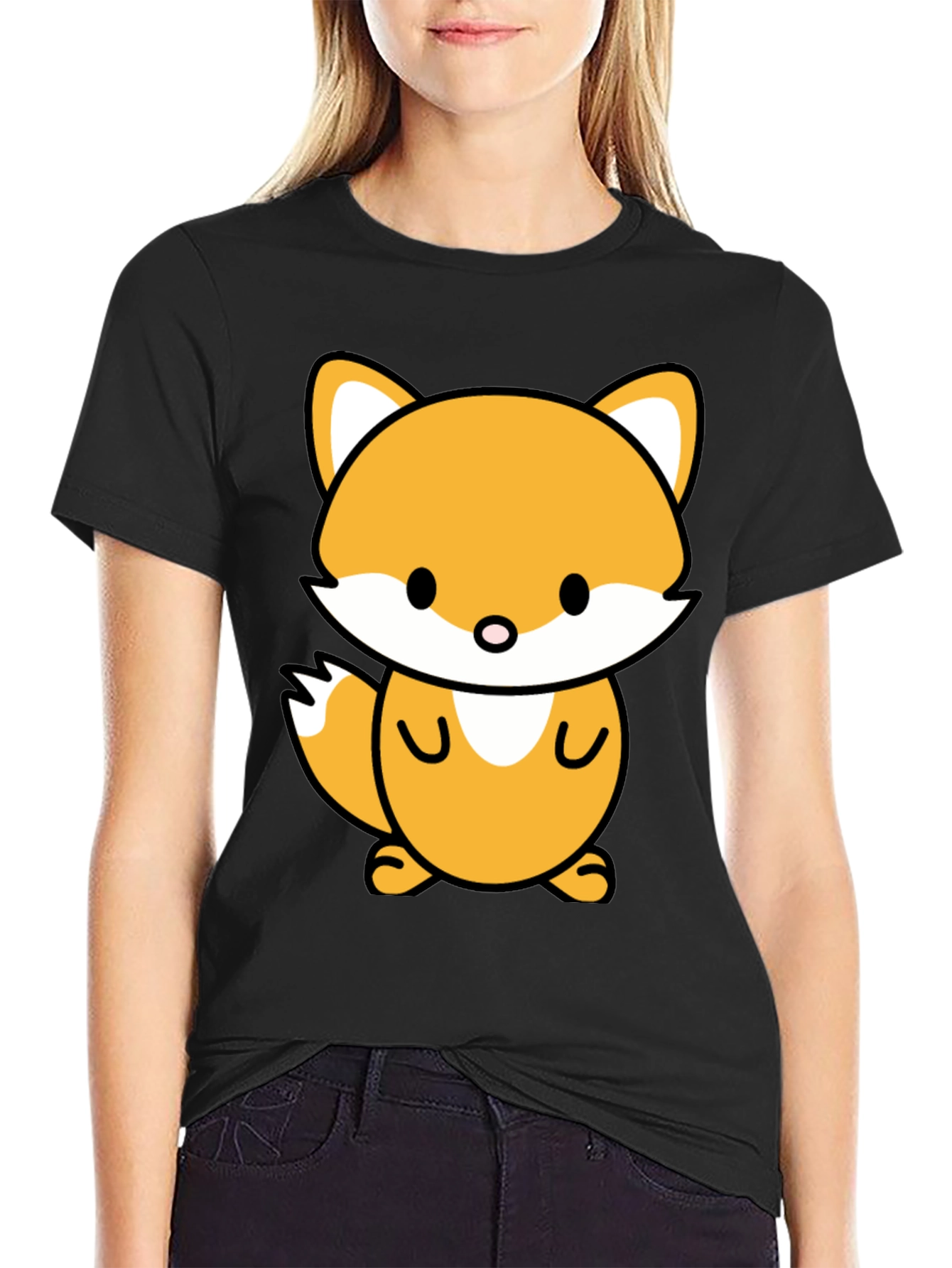 Cute Cartoon Fox Graphic Tee - Stylish Black T-Shirt