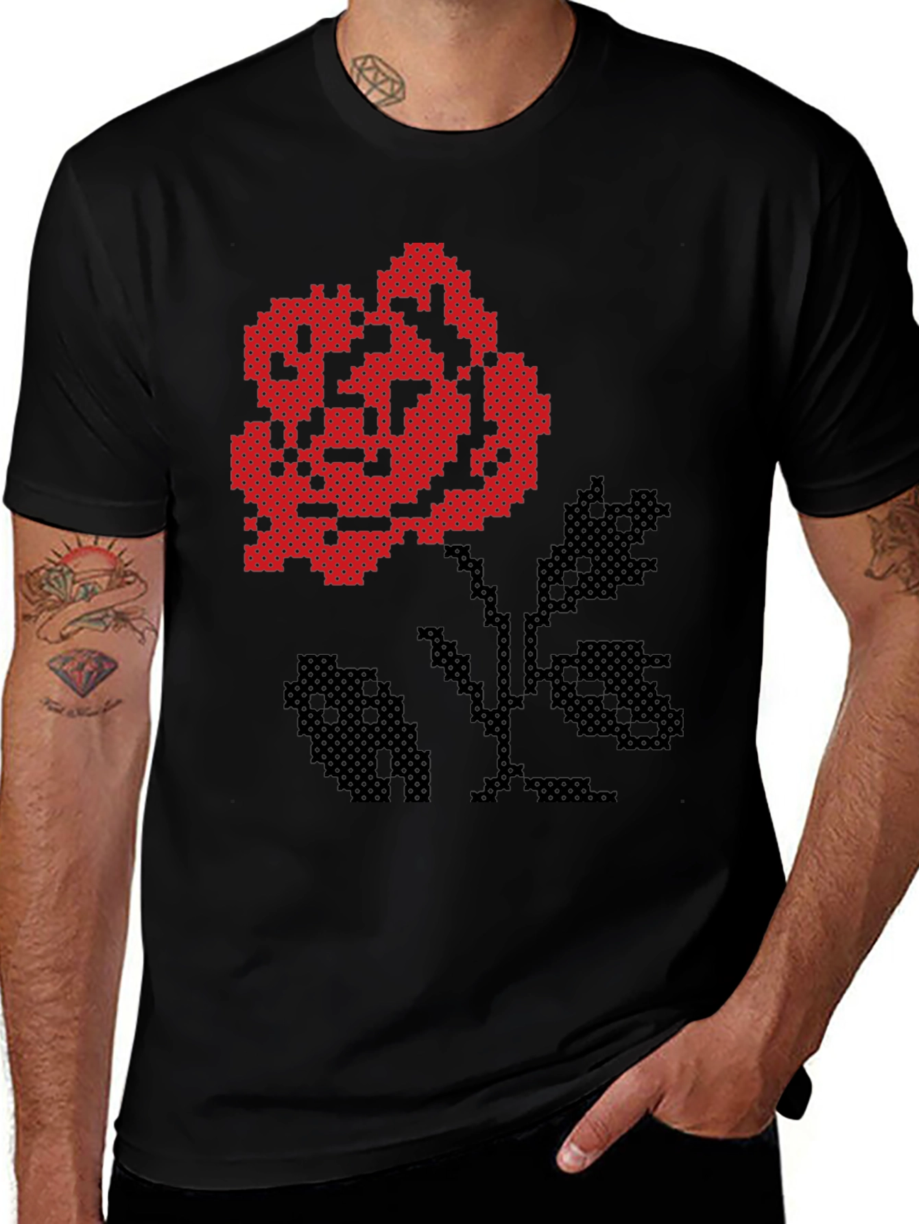 Pixel Art Rose Black T-Shirt
