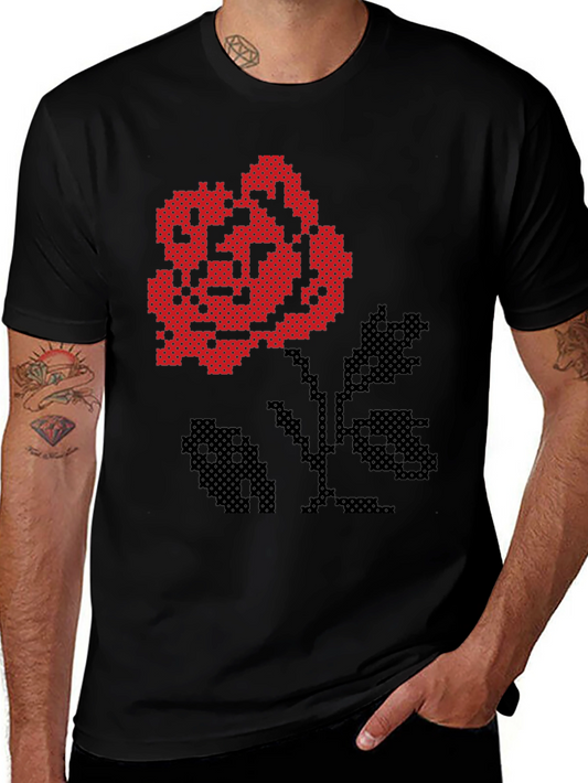 Pixel Art Rose Black T-Shirt