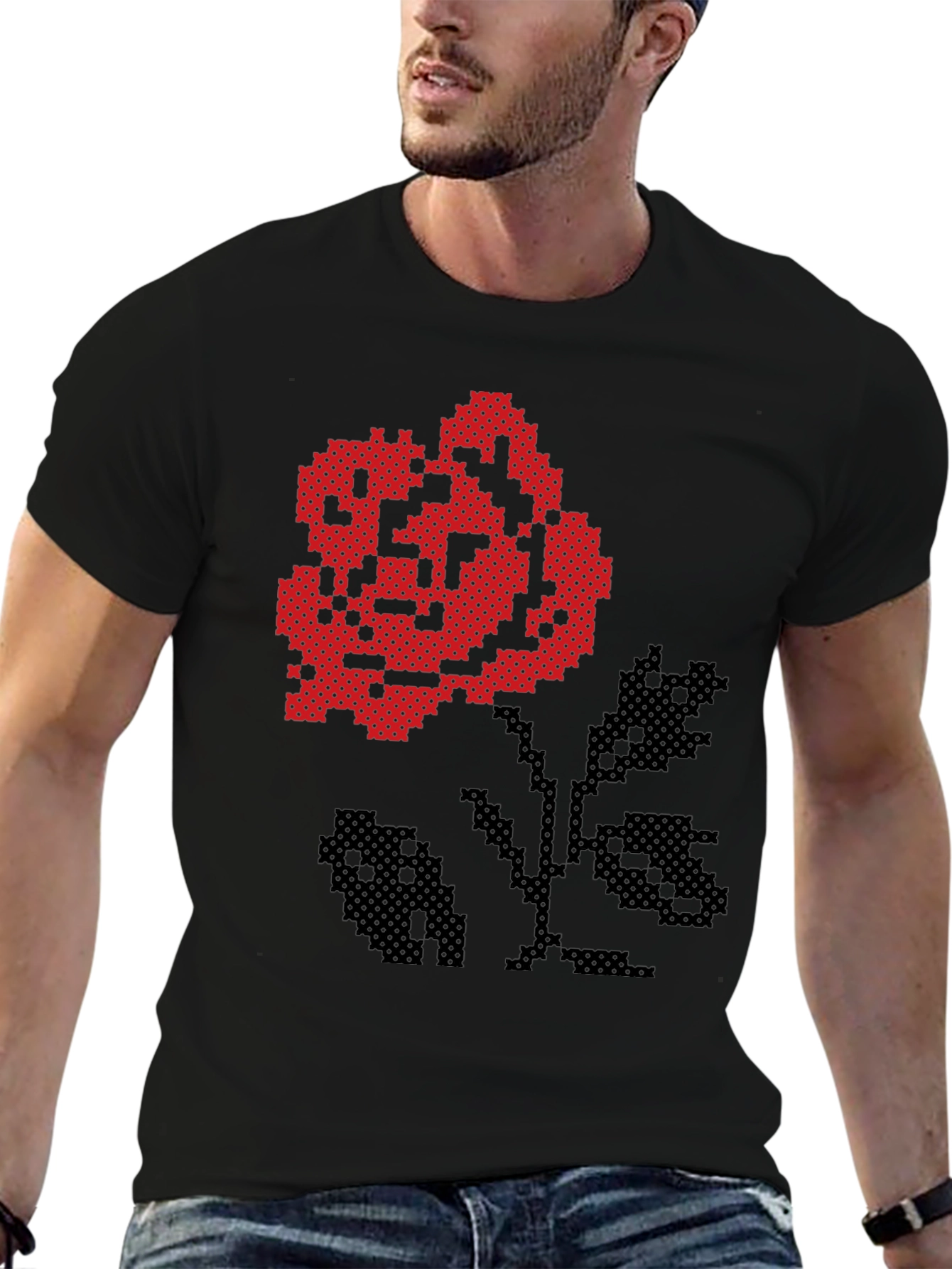 Pixel Art Rose Black T-Shirt