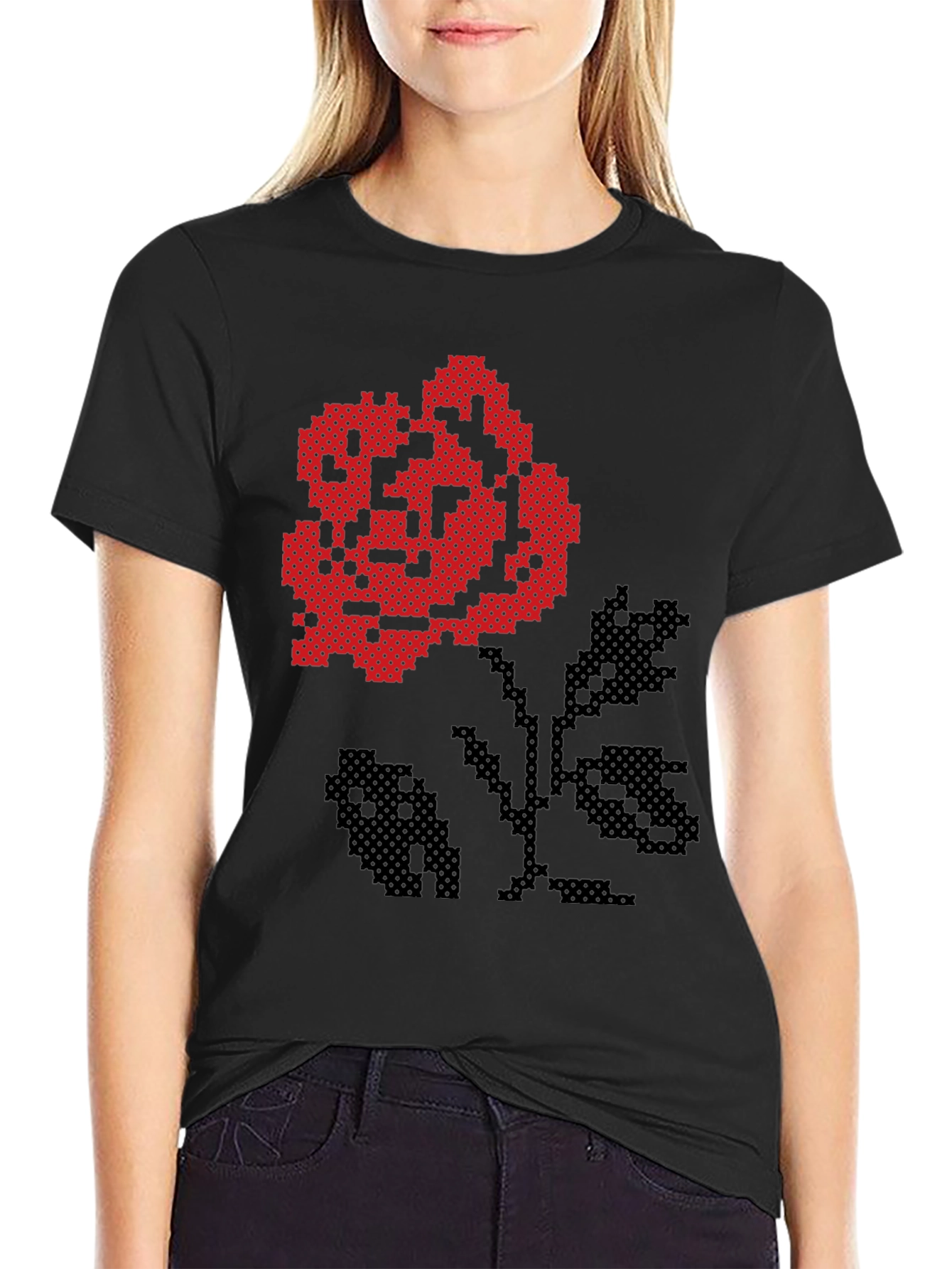 Pixel Art Rose Black T-Shirt
