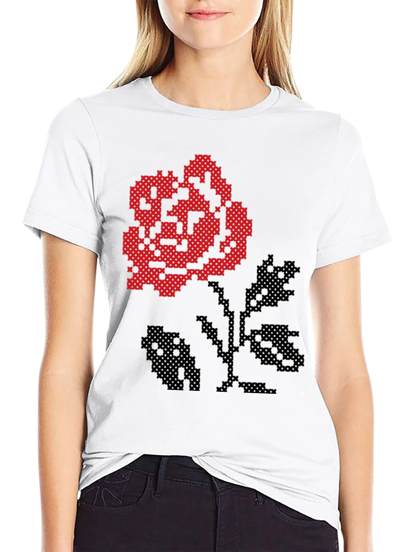 Pixel Art Rose Black T-Shirt