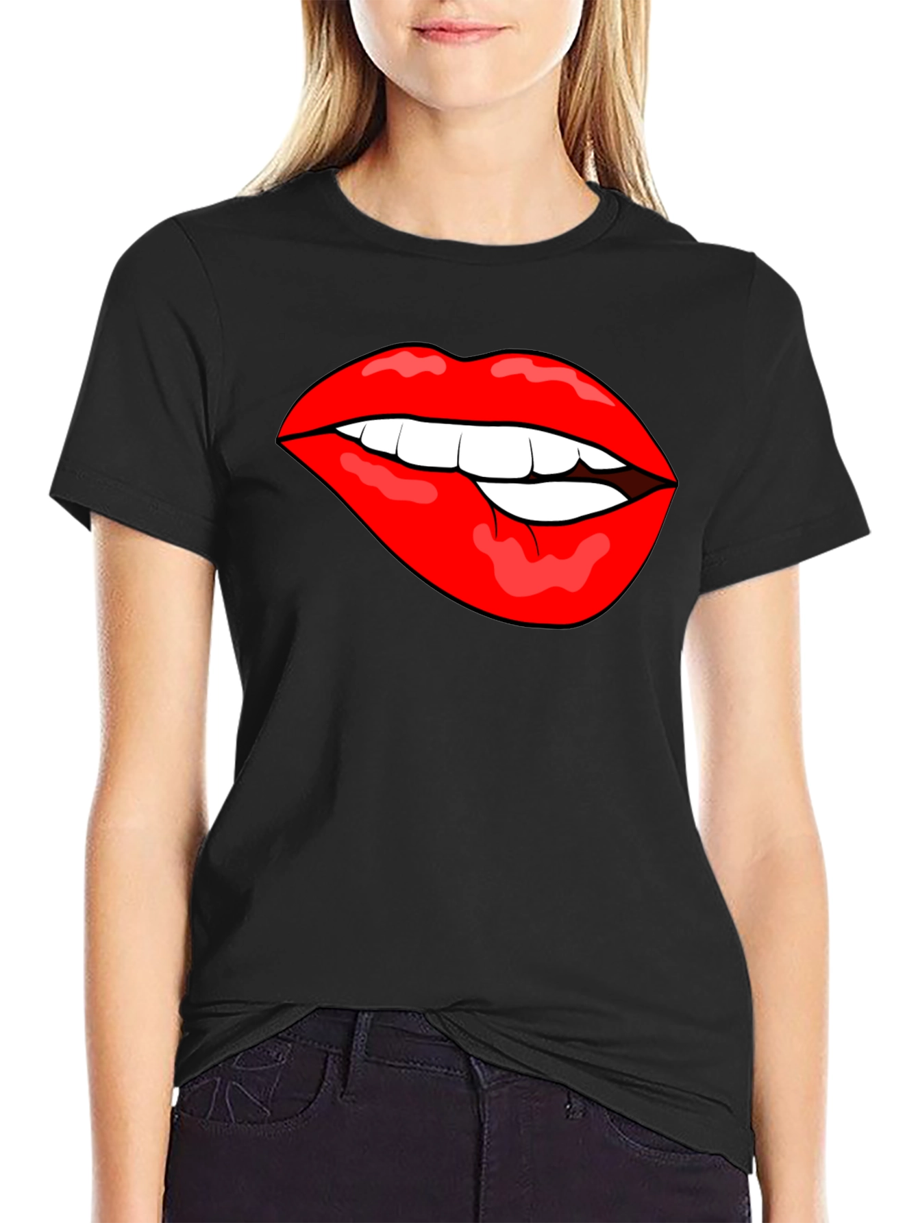 Biting Lips Graphic T-Shirt - Bold Black Cotton Tee