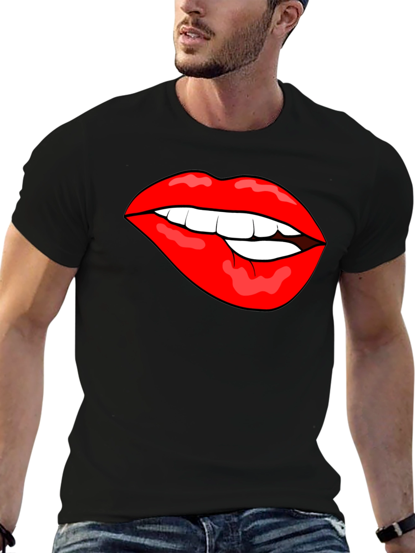 Biting Lips Graphic T-Shirt - Bold Black Cotton Tee