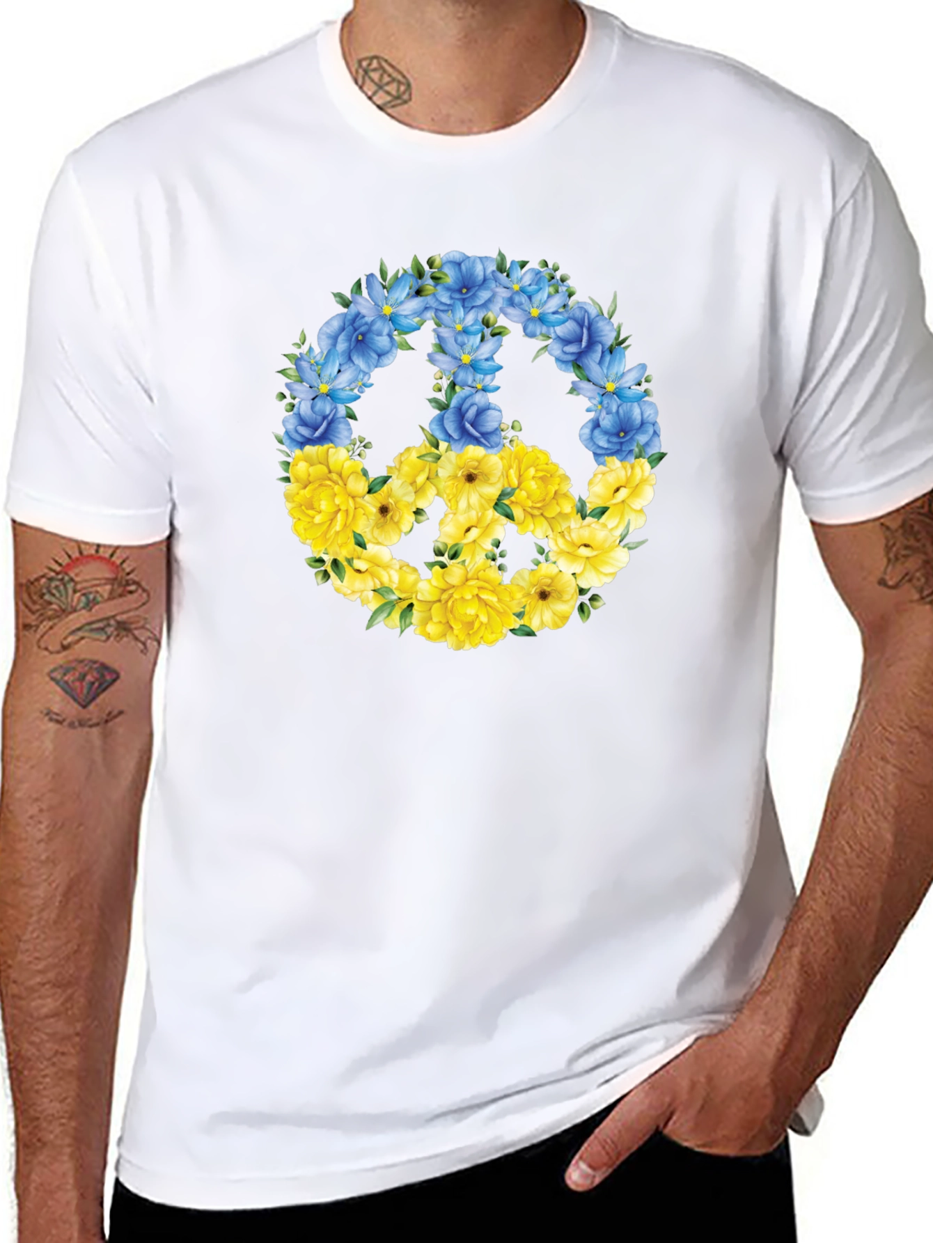 Floral Peace Sign Ukraine Pride Black T-Shirt