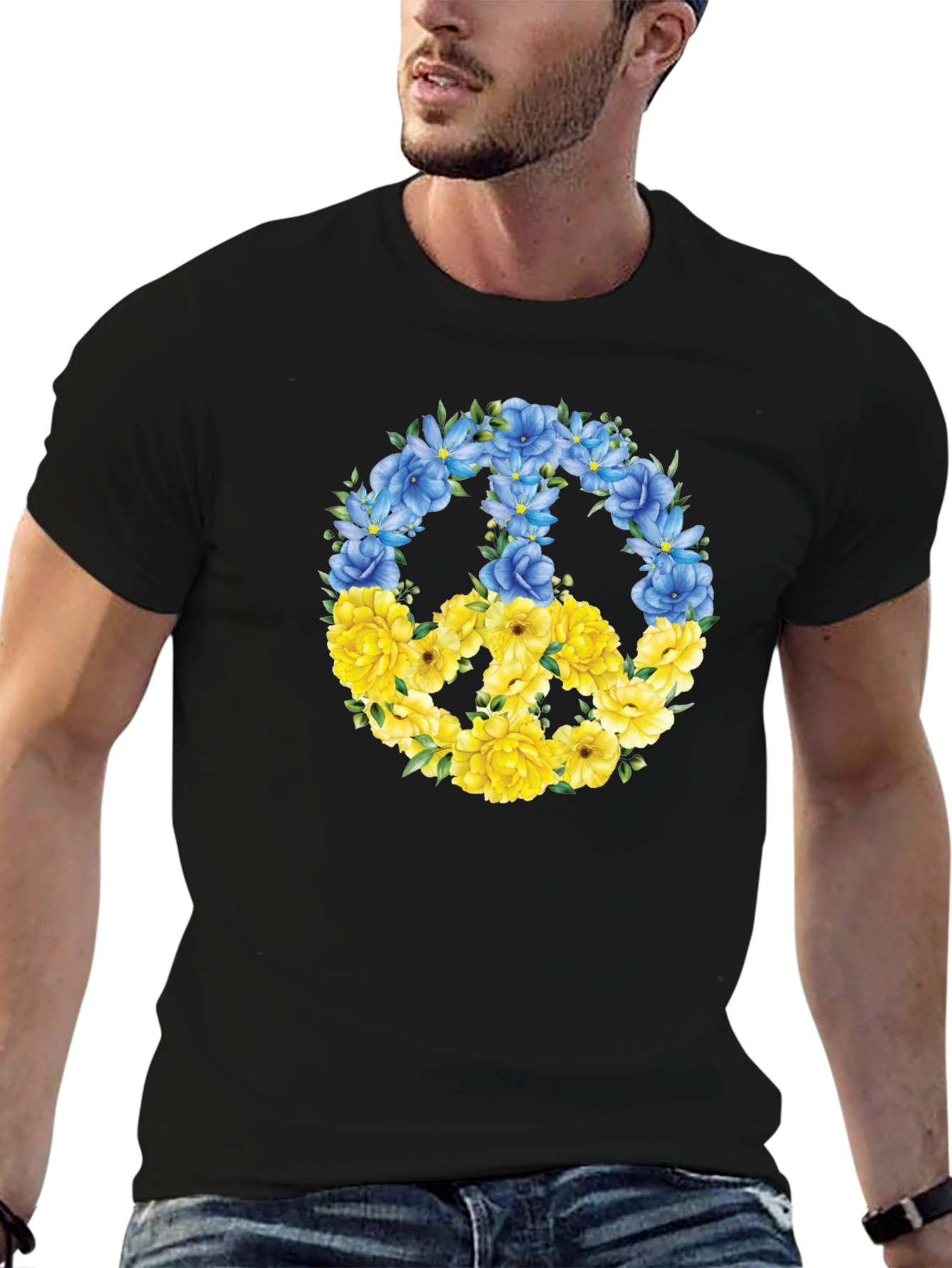 Floral Peace Sign Ukraine Pride Black T-Shirt