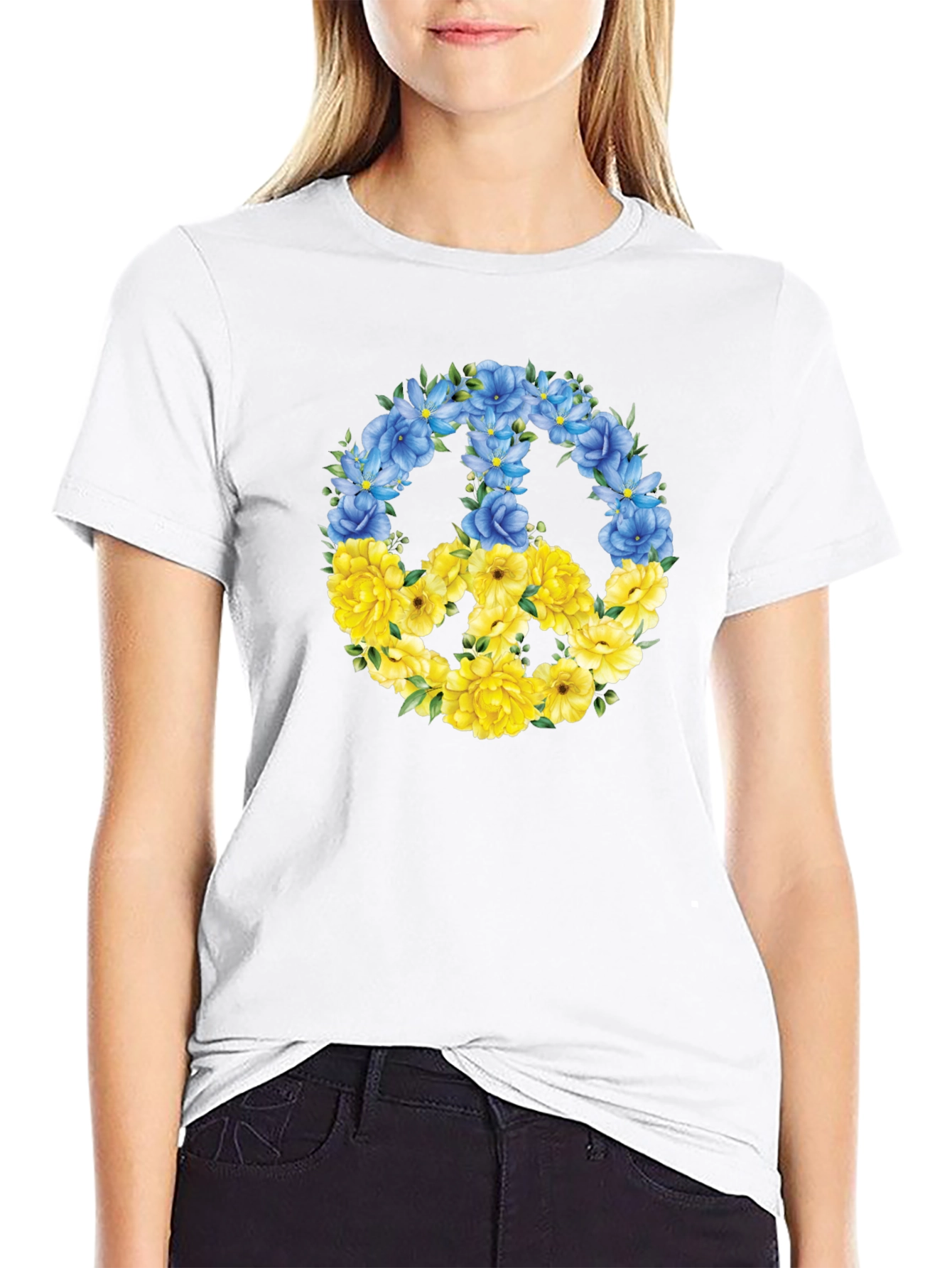 Floral Peace Sign Ukraine Pride Black T-Shirt