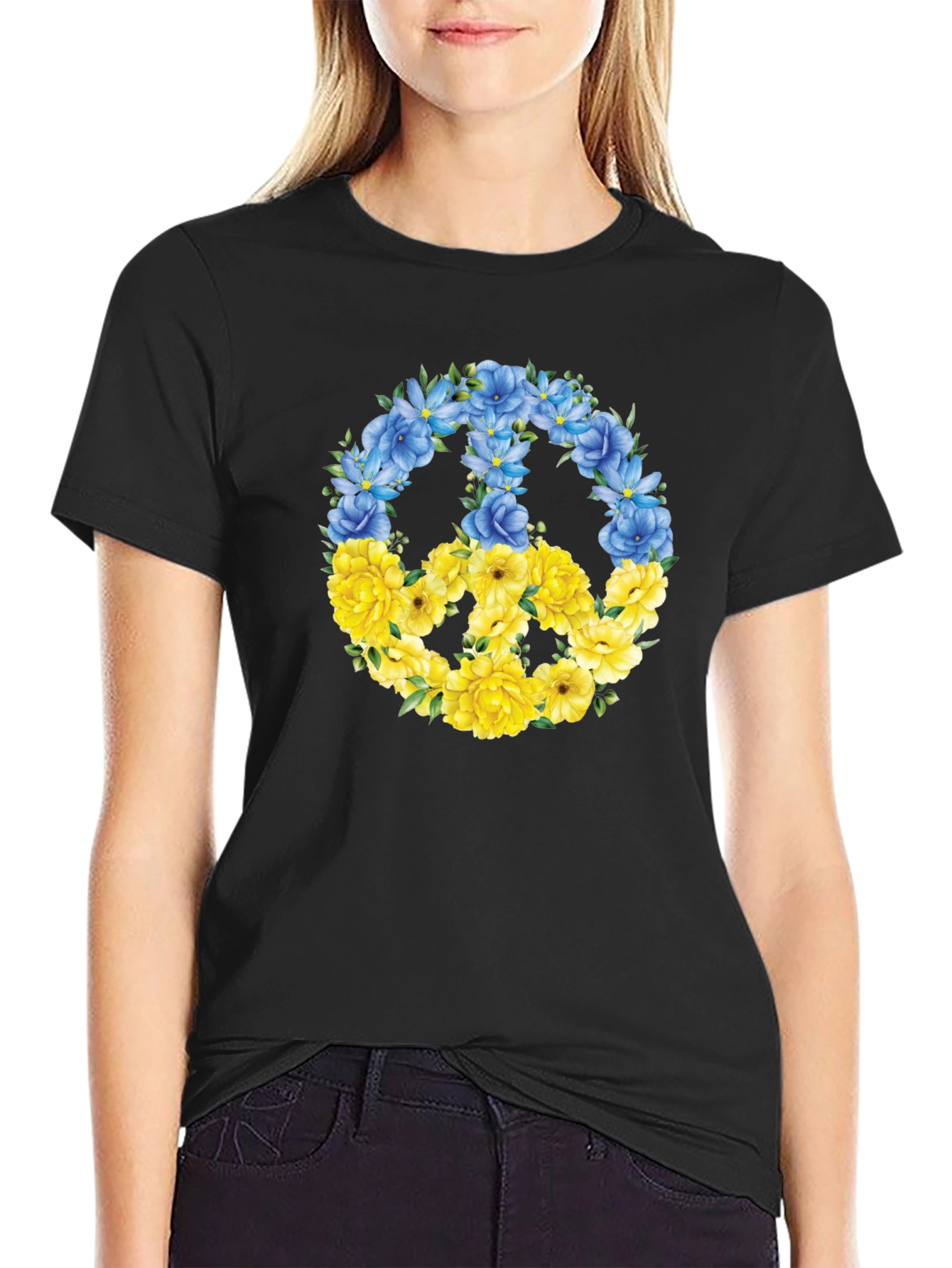 Floral Peace Sign Ukraine Pride Black T-Shirt