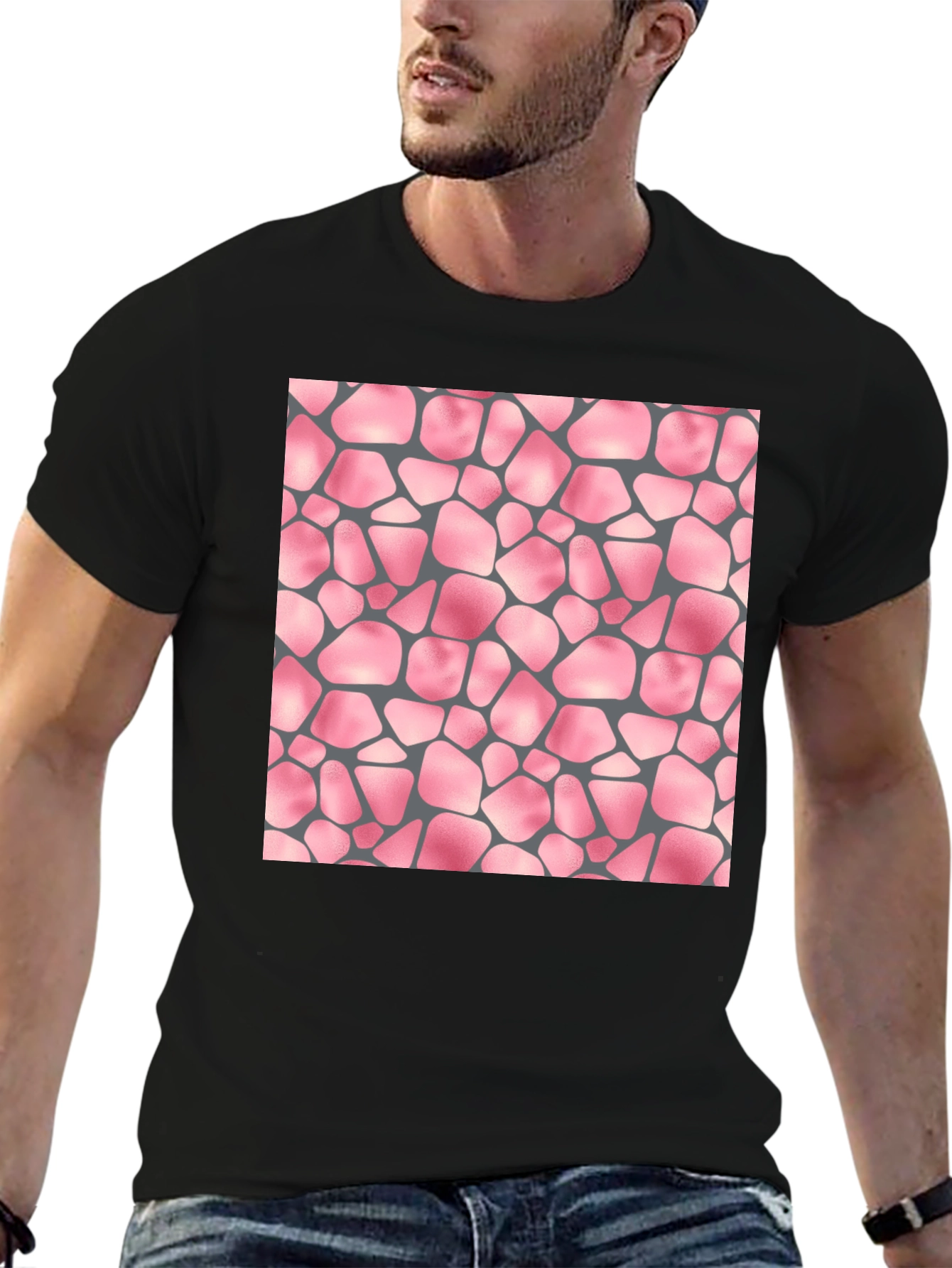 Black T-Shirt with Pink Stone Pattern