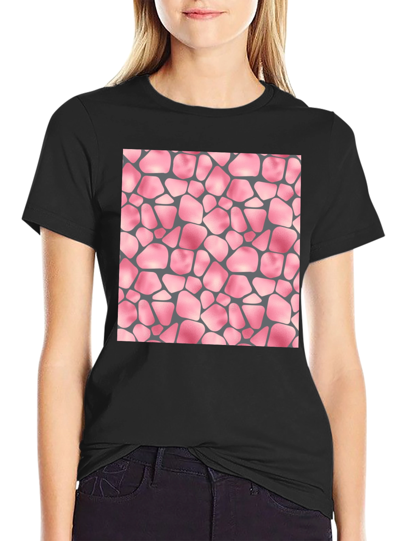 Black T-Shirt with Pink Stone Pattern