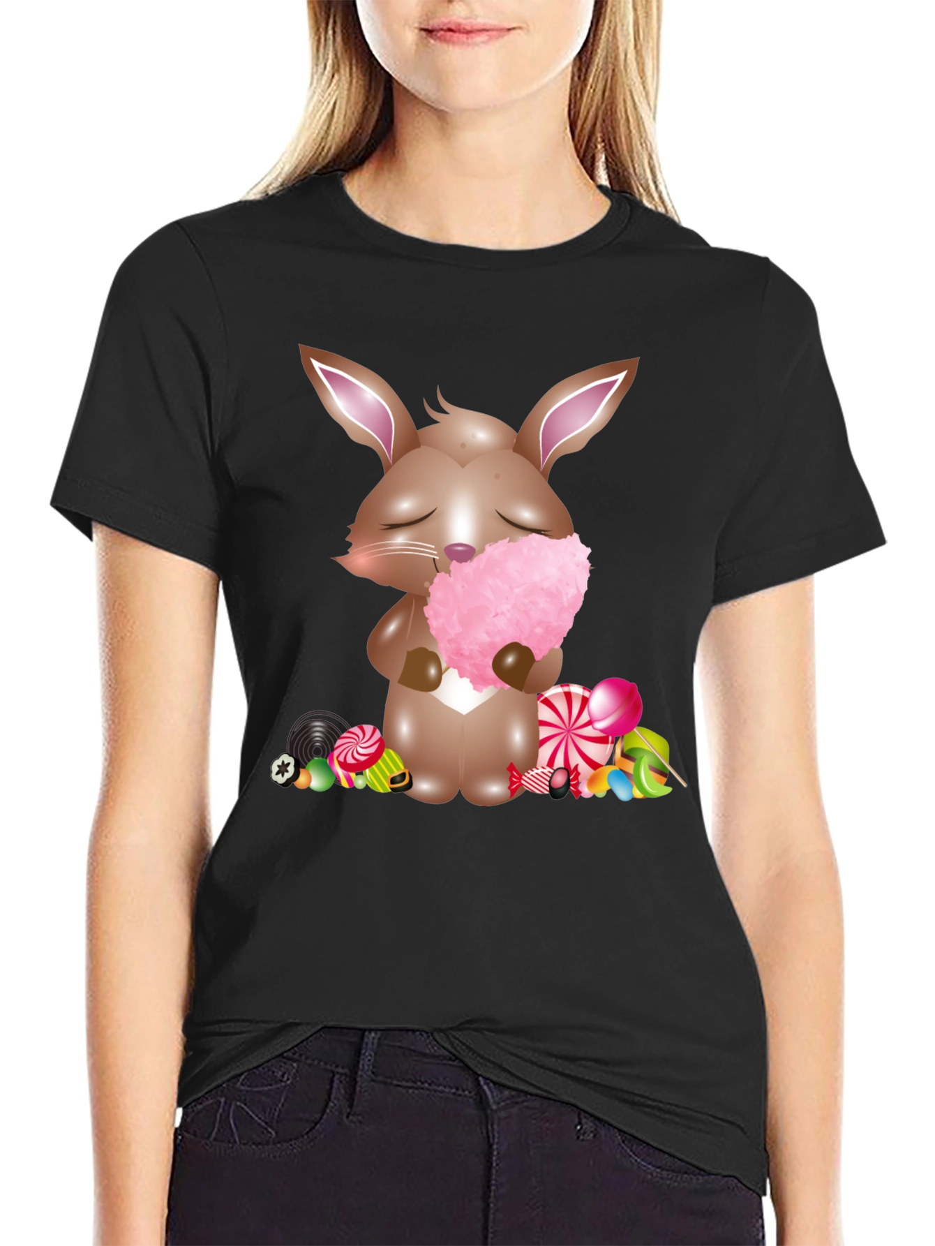 Bunny with Cotton Candy Black T-Shirt