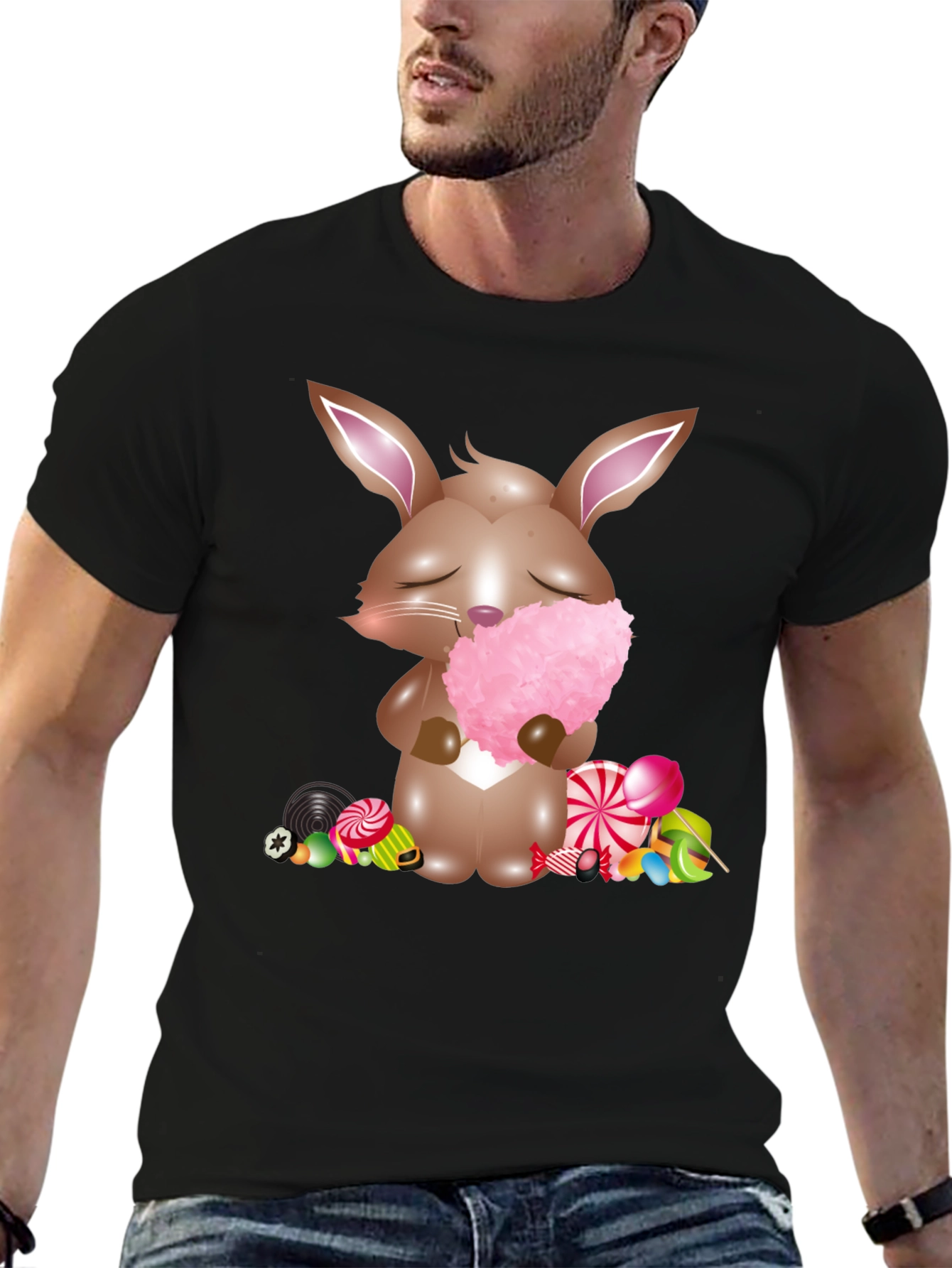 Bunny with Cotton Candy Black T-Shirt