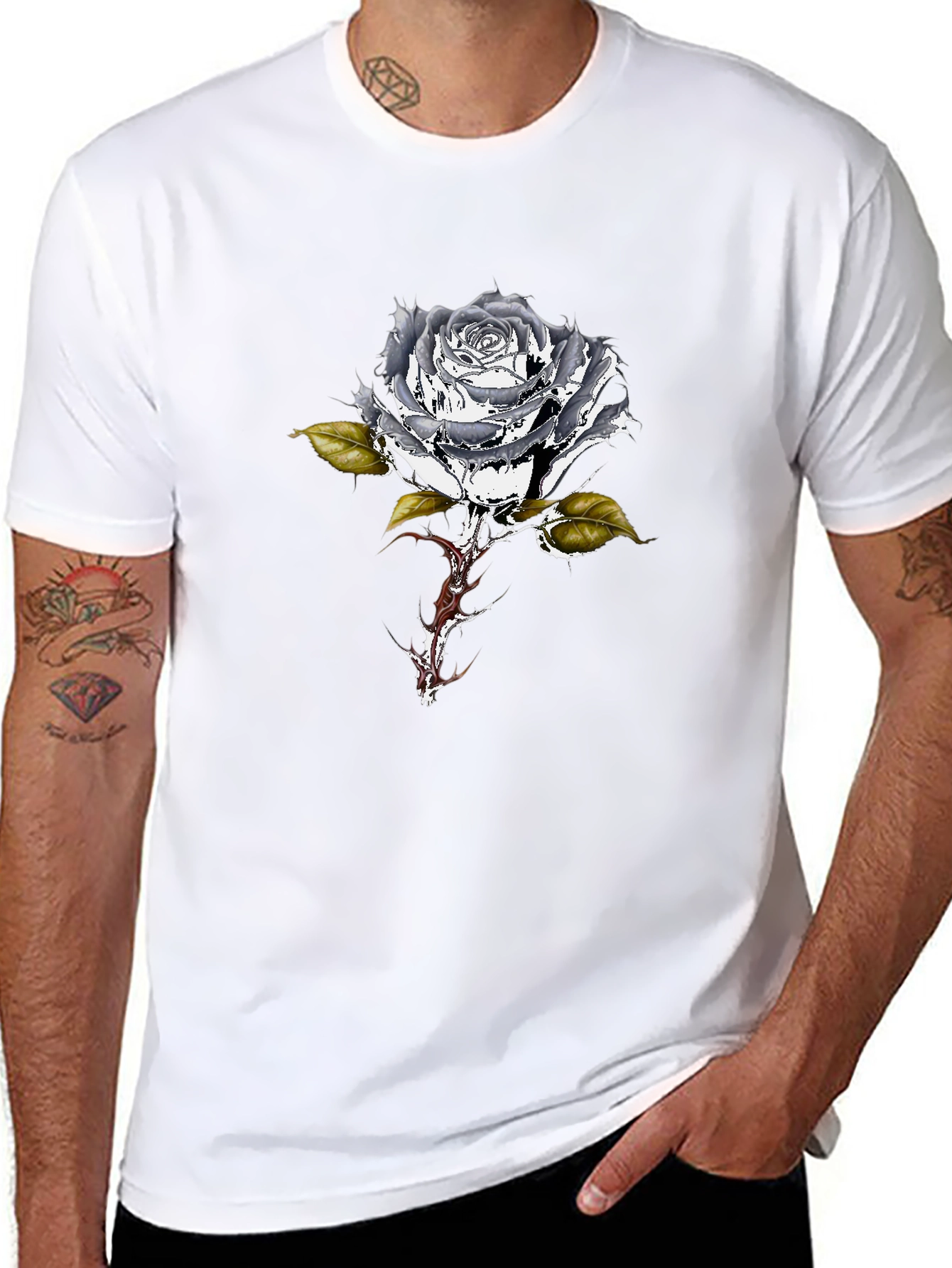 Black T-Shirt with Metallic Rose Design