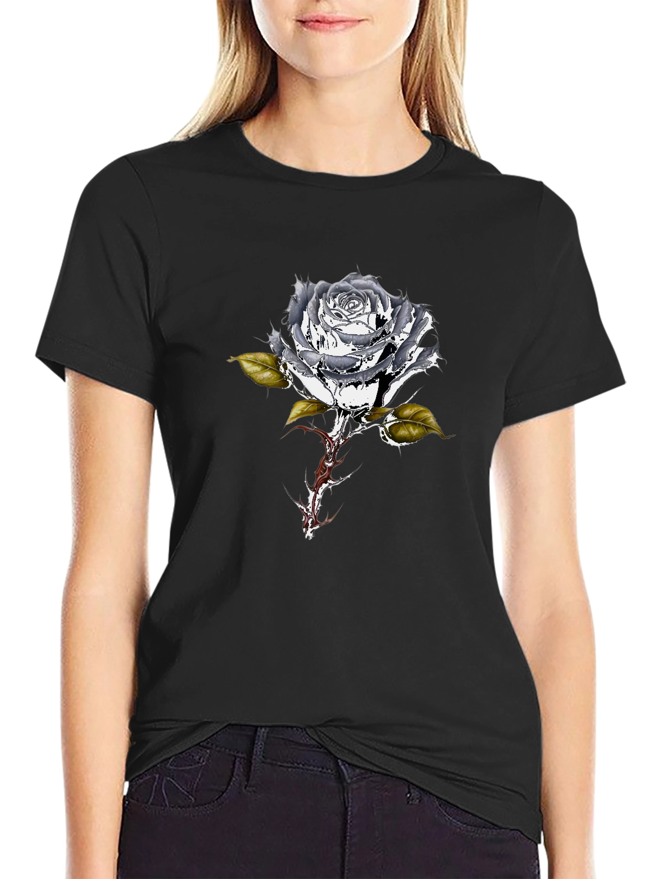 Black T-Shirt with Metallic Rose Design