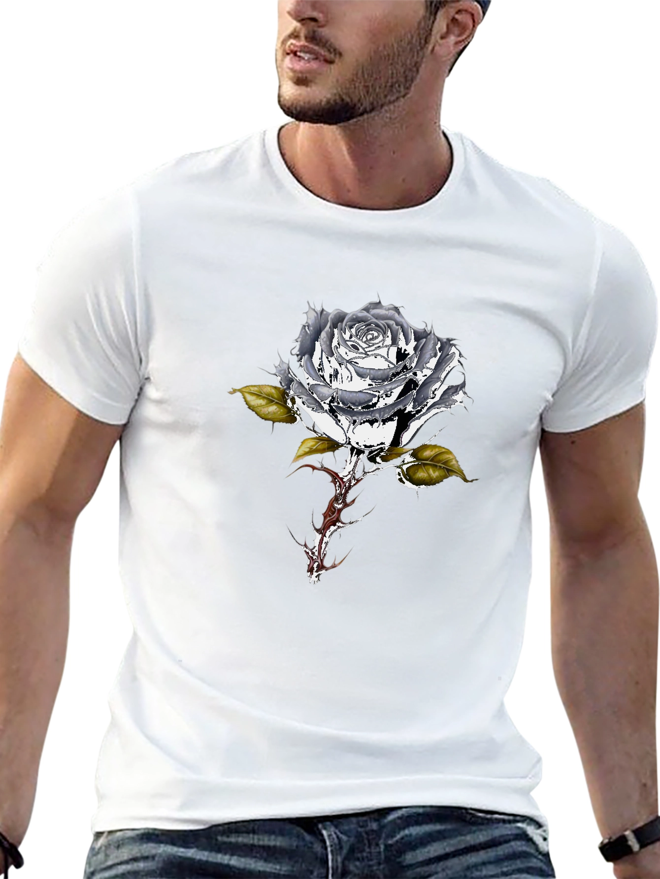 Black T-Shirt with Metallic Rose Design