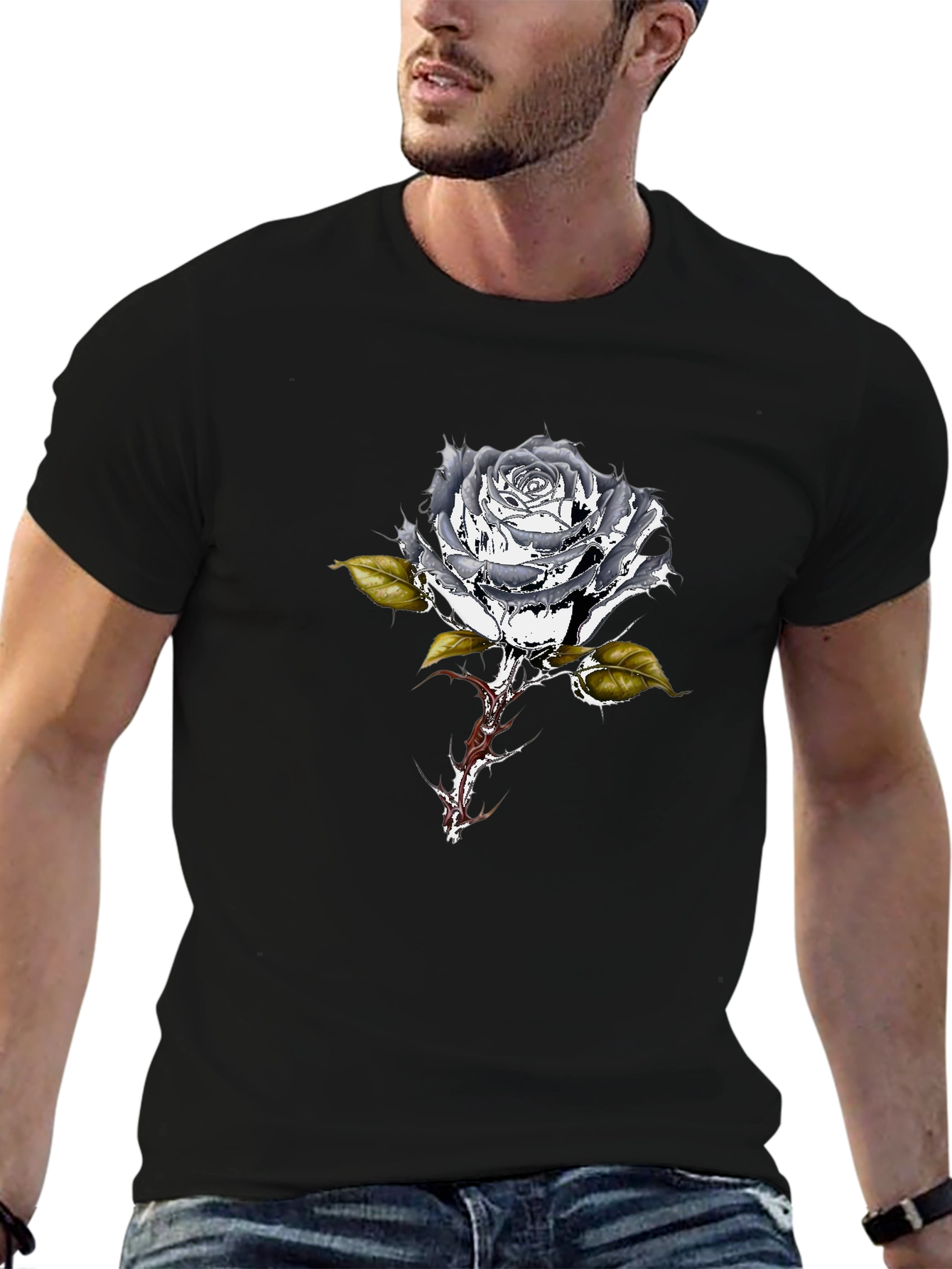 Black T-Shirt with Metallic Rose Design