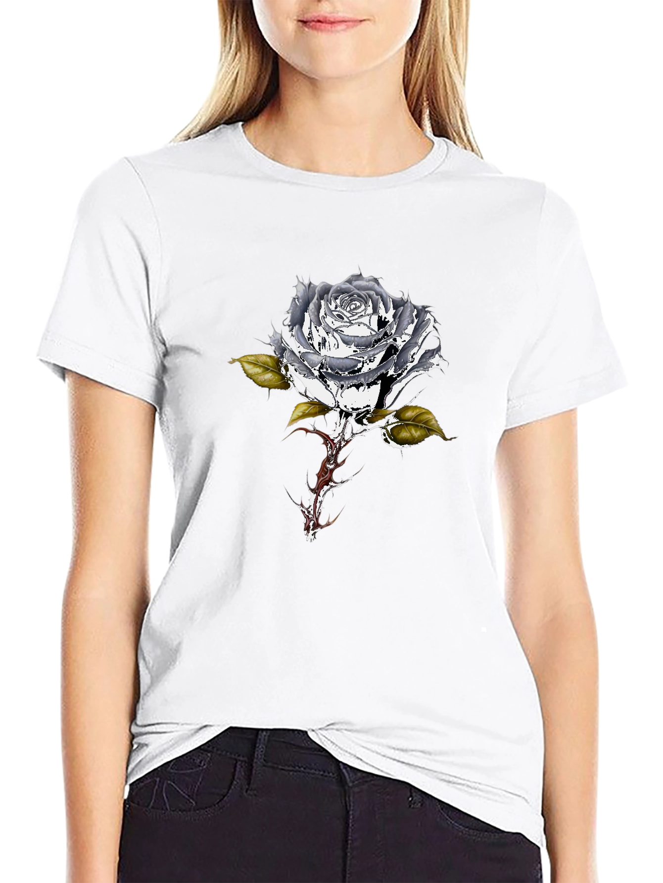 Black T-Shirt with Metallic Rose Design