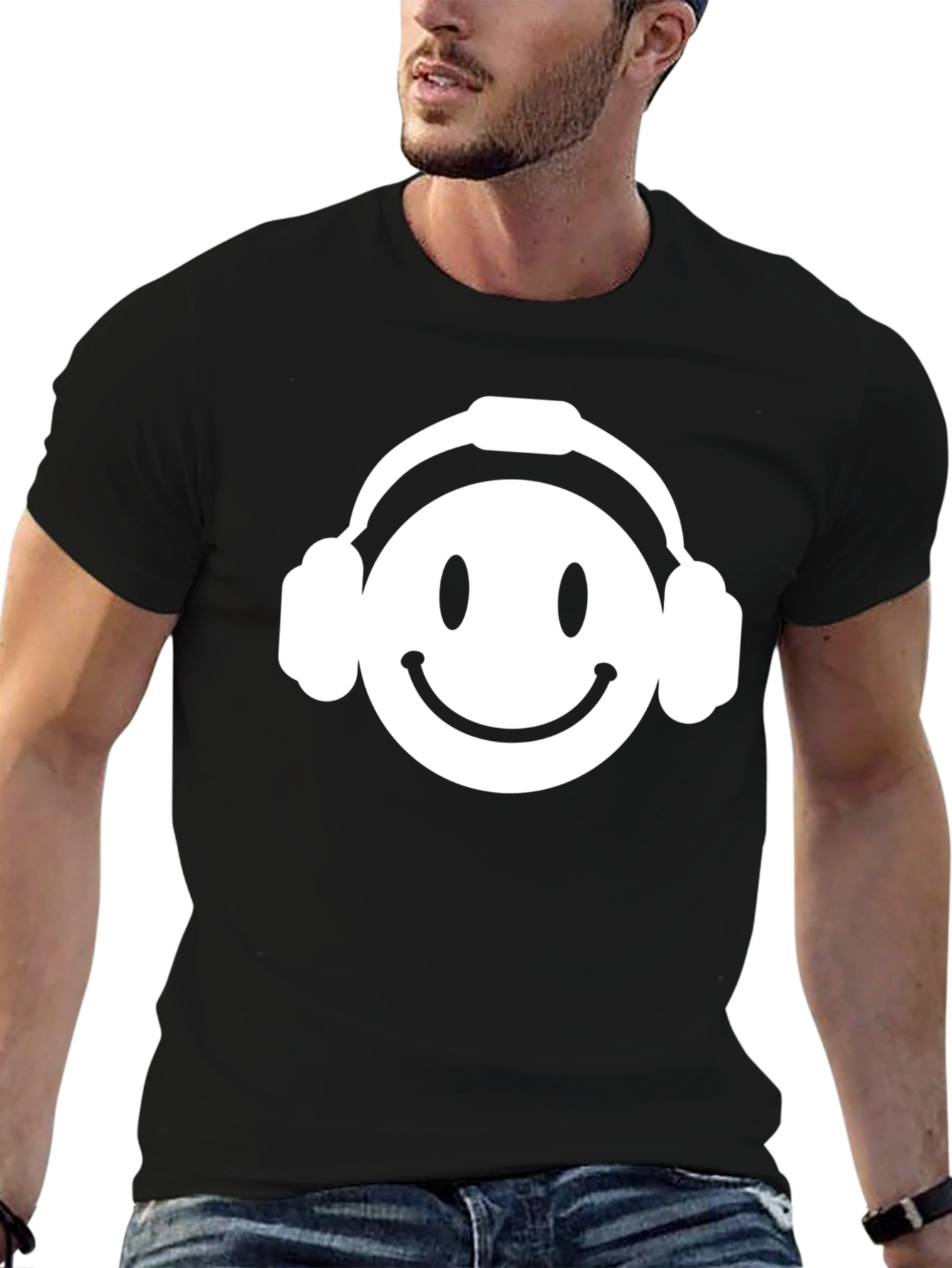 Smiley Face Headphones Black T-Shirt