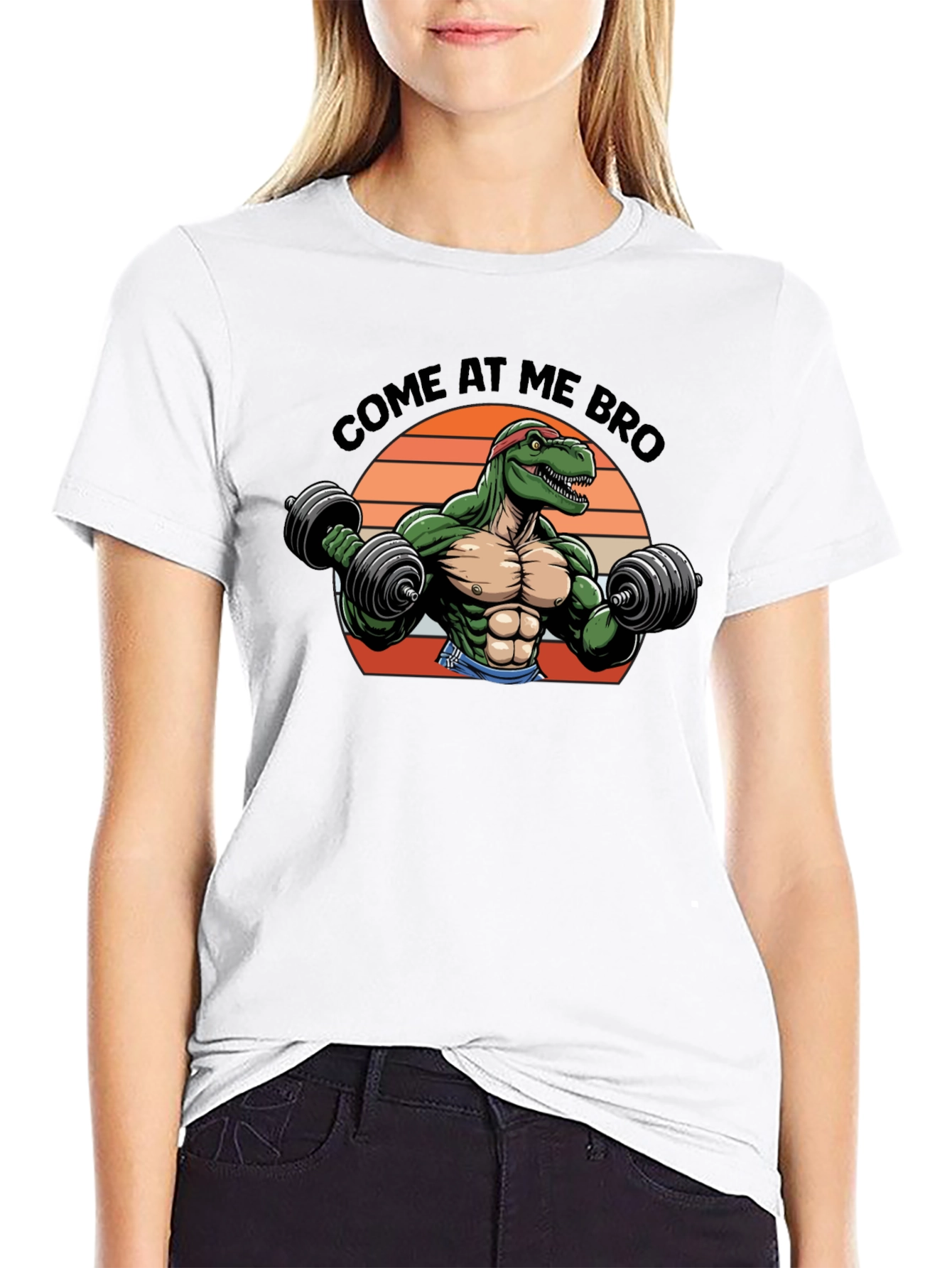 Come At Me Bro T-Rex Lifting Weights Black T-Shirt