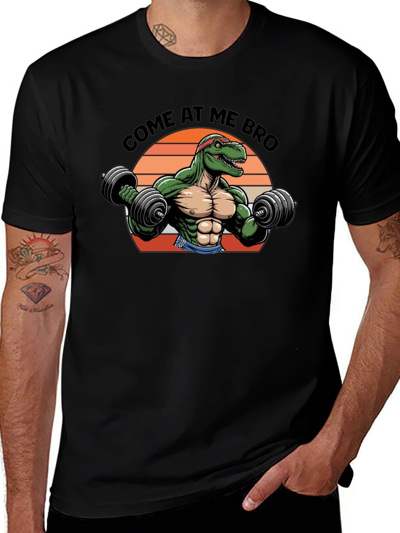 Come At Me Bro T-Rex Lifting Weights Black T-Shirt
