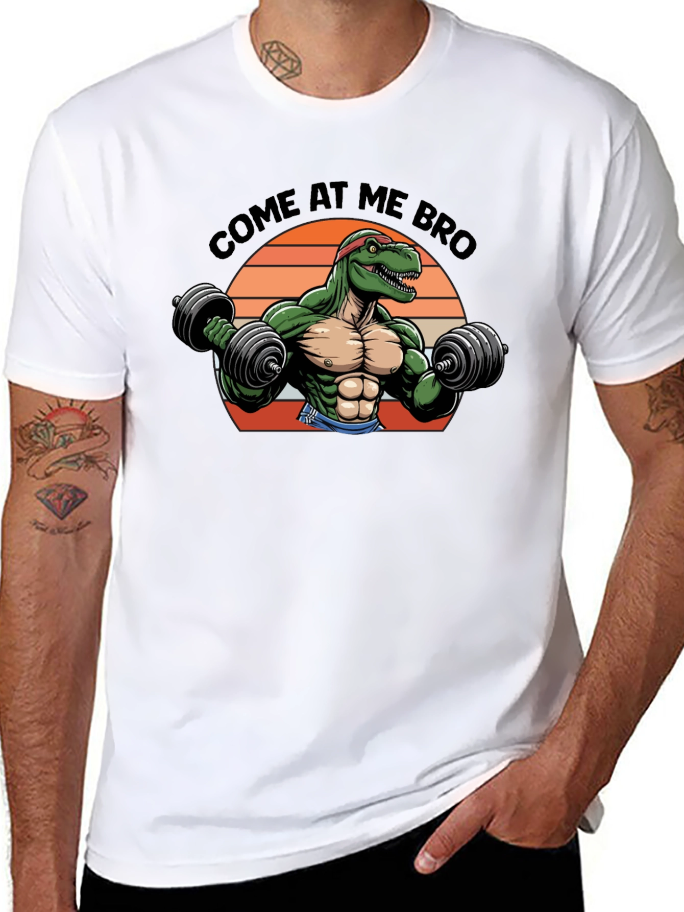 Come At Me Bro T-Rex Lifting Weights Black T-Shirt
