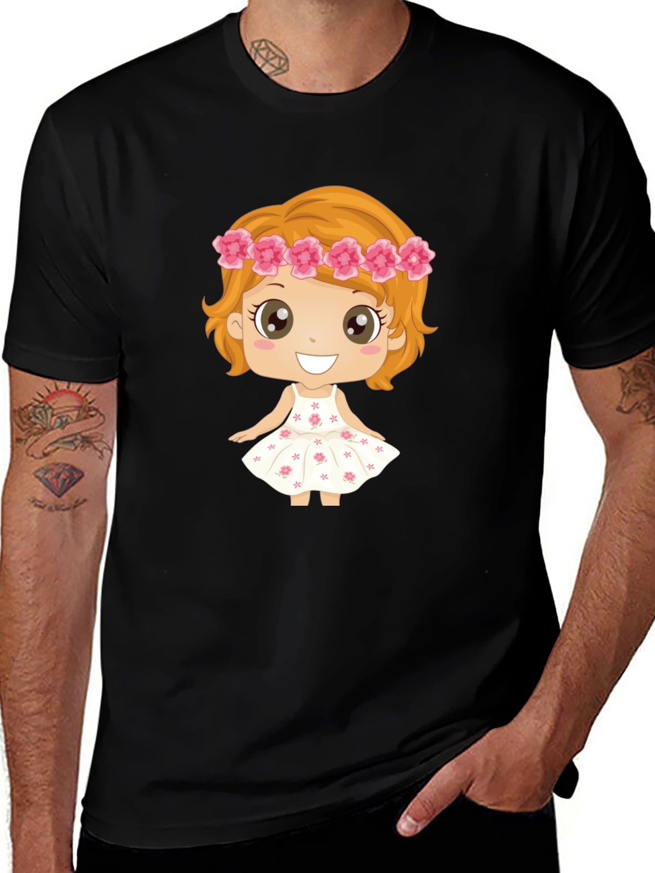 Cute Cartoon Girl Graphic Black T-Shirt