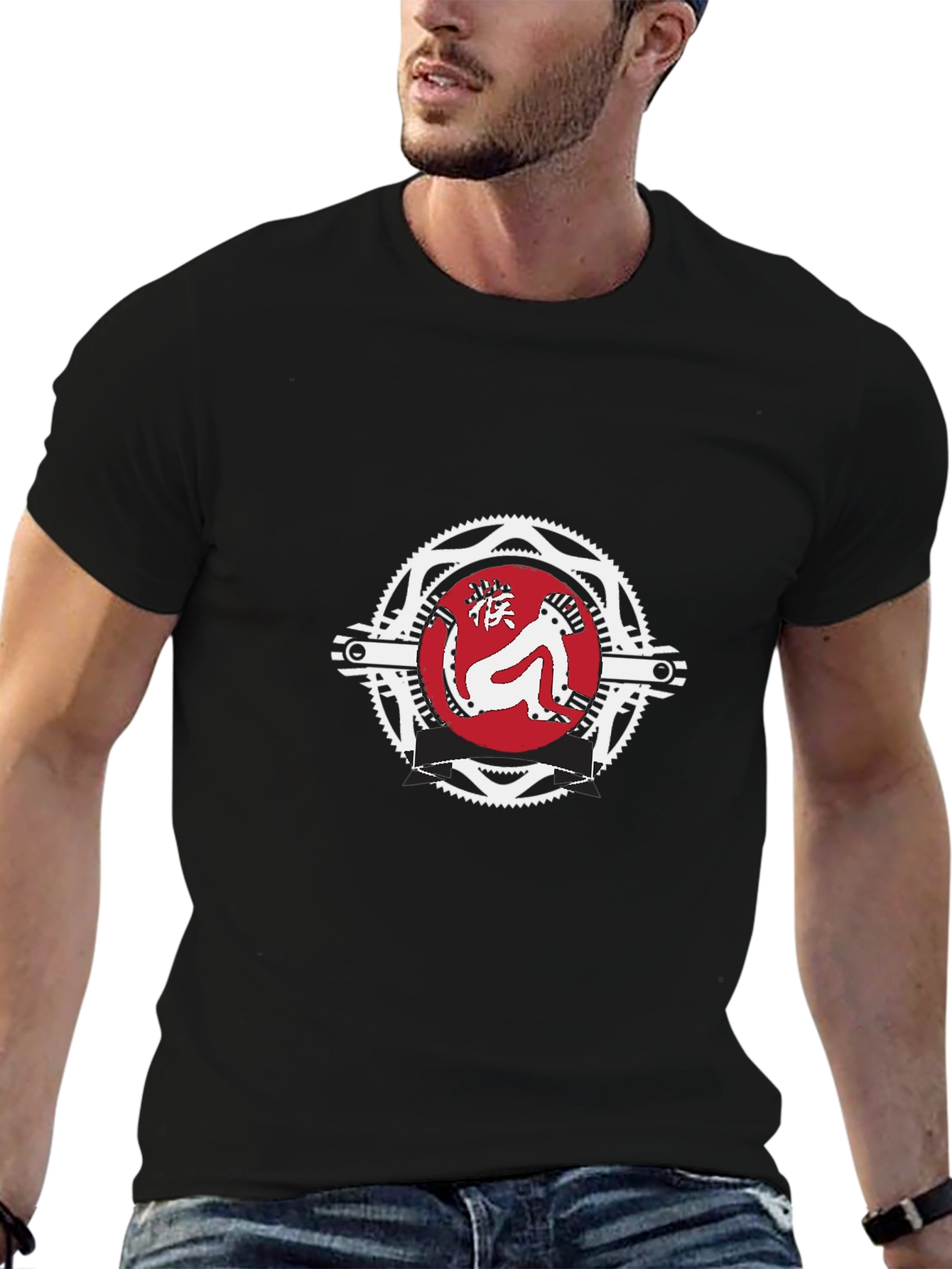 Graphic Tee: Red Monkey Emblem Black T-Shirt
