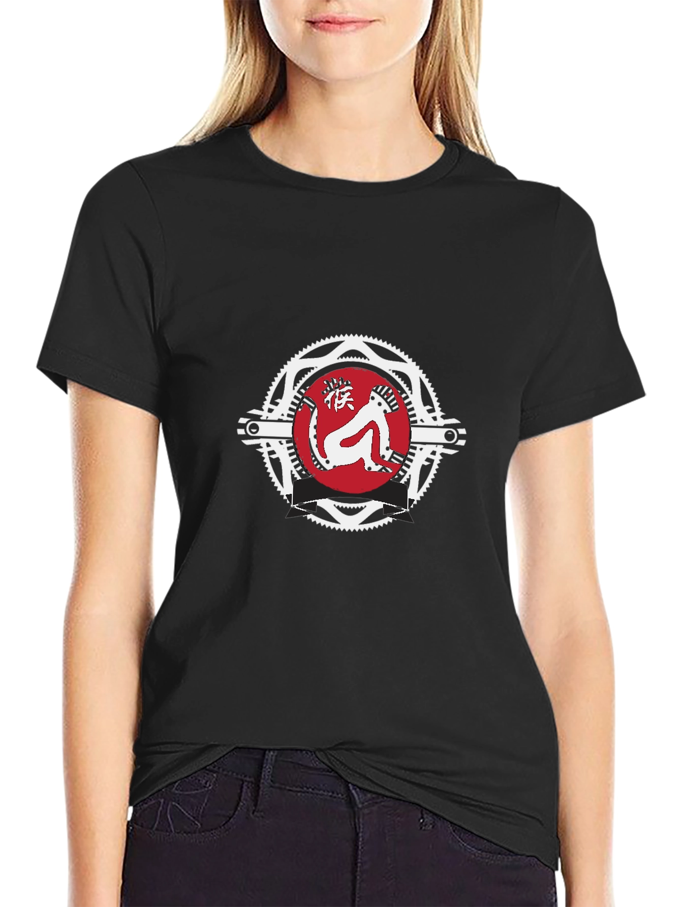Graphic Tee: Red Monkey Emblem Black T-Shirt