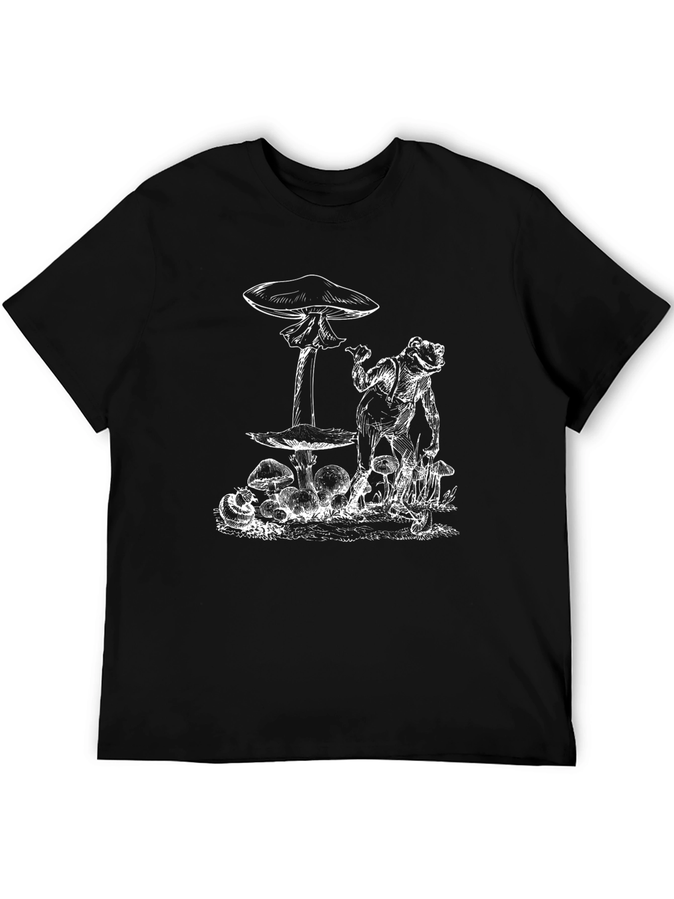 Frog & Mushroom Graphic Tee - Black Cotton T-Shirt