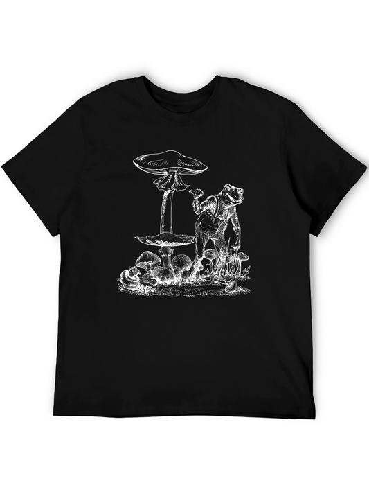Frog & Mushroom Graphic Tee - Black Cotton T-Shirt