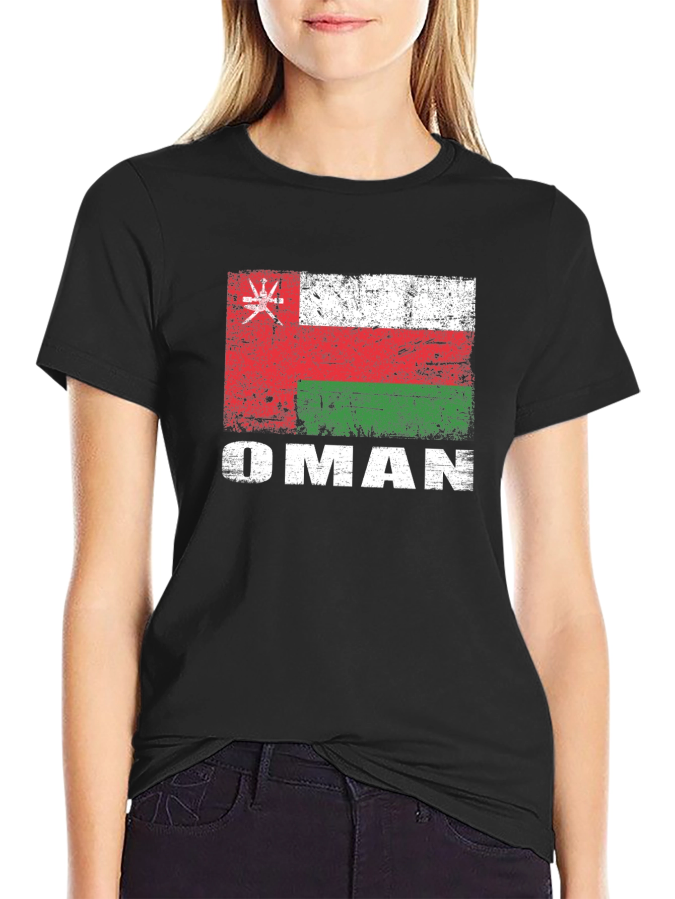 Oman Flag T-Shirt - Distressed Style Black Tee