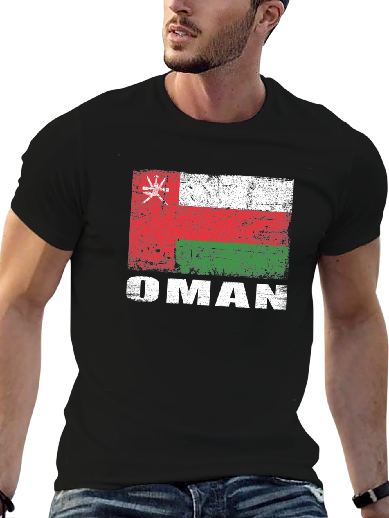 Oman Flag T-Shirt - Distressed Style Black Tee