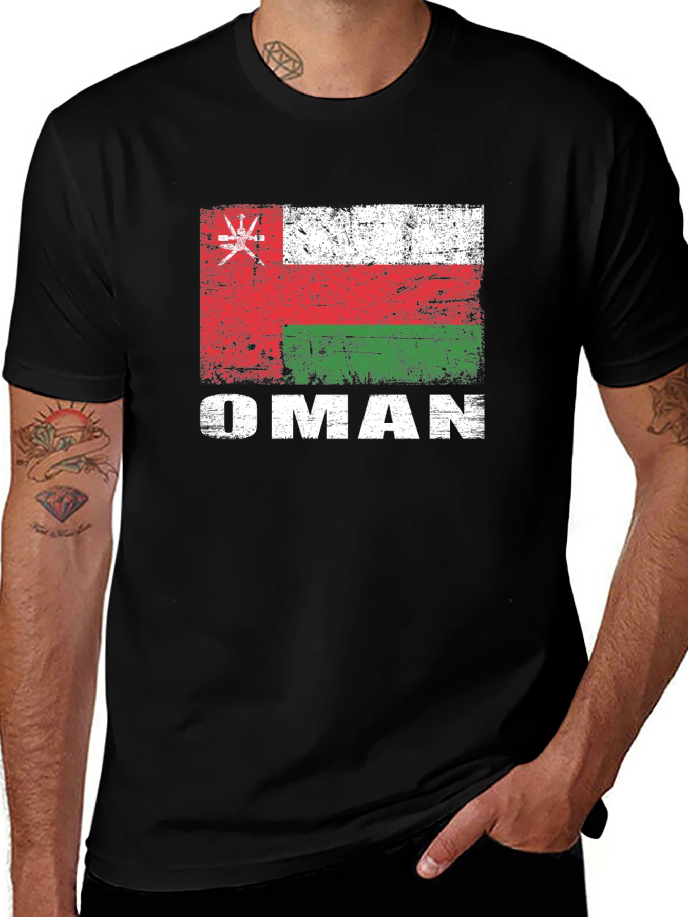 Oman Flag T-Shirt - Distressed Style Black Tee