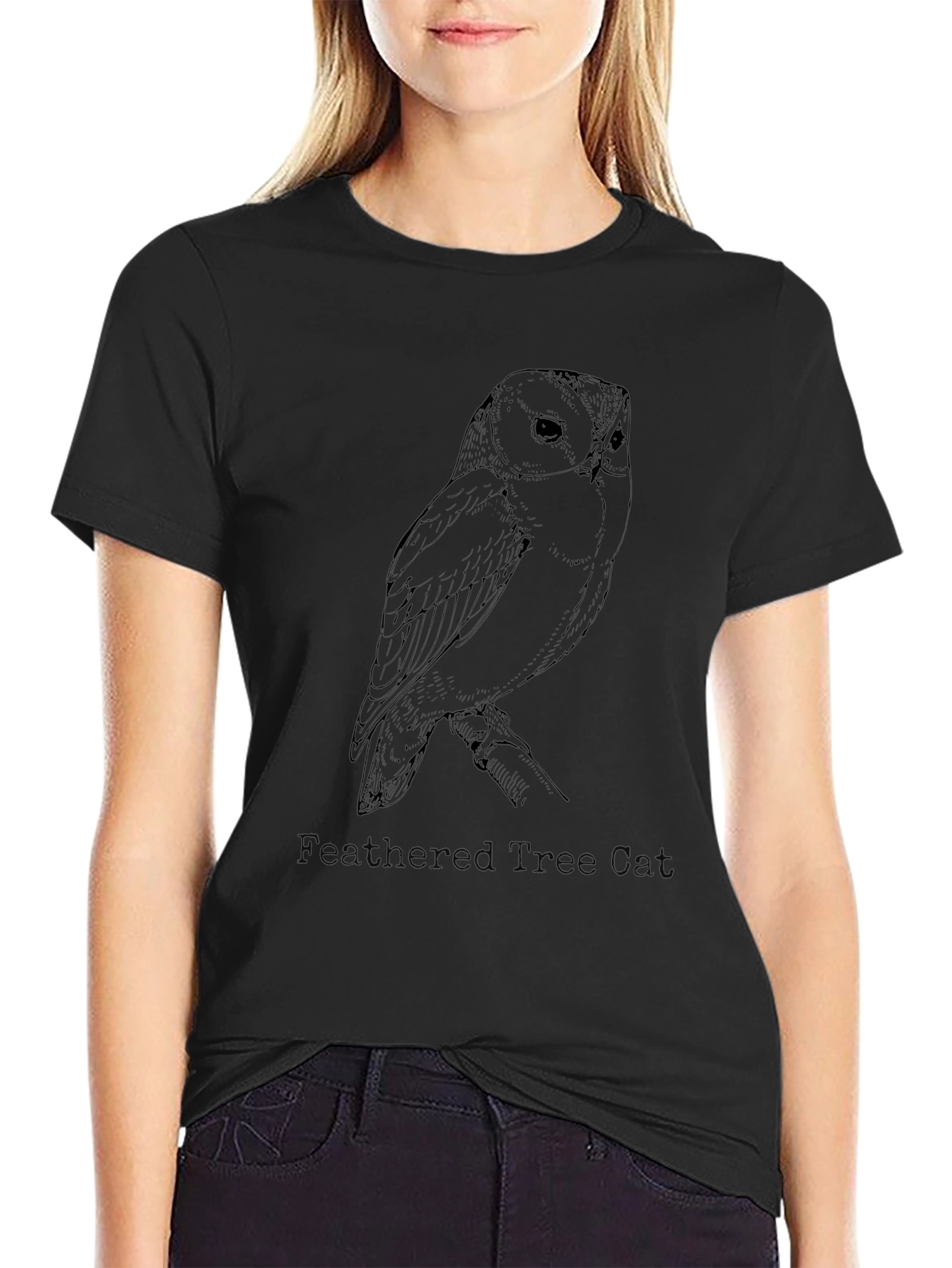 Owl Graphic Black T-Shirt - Feathered Design