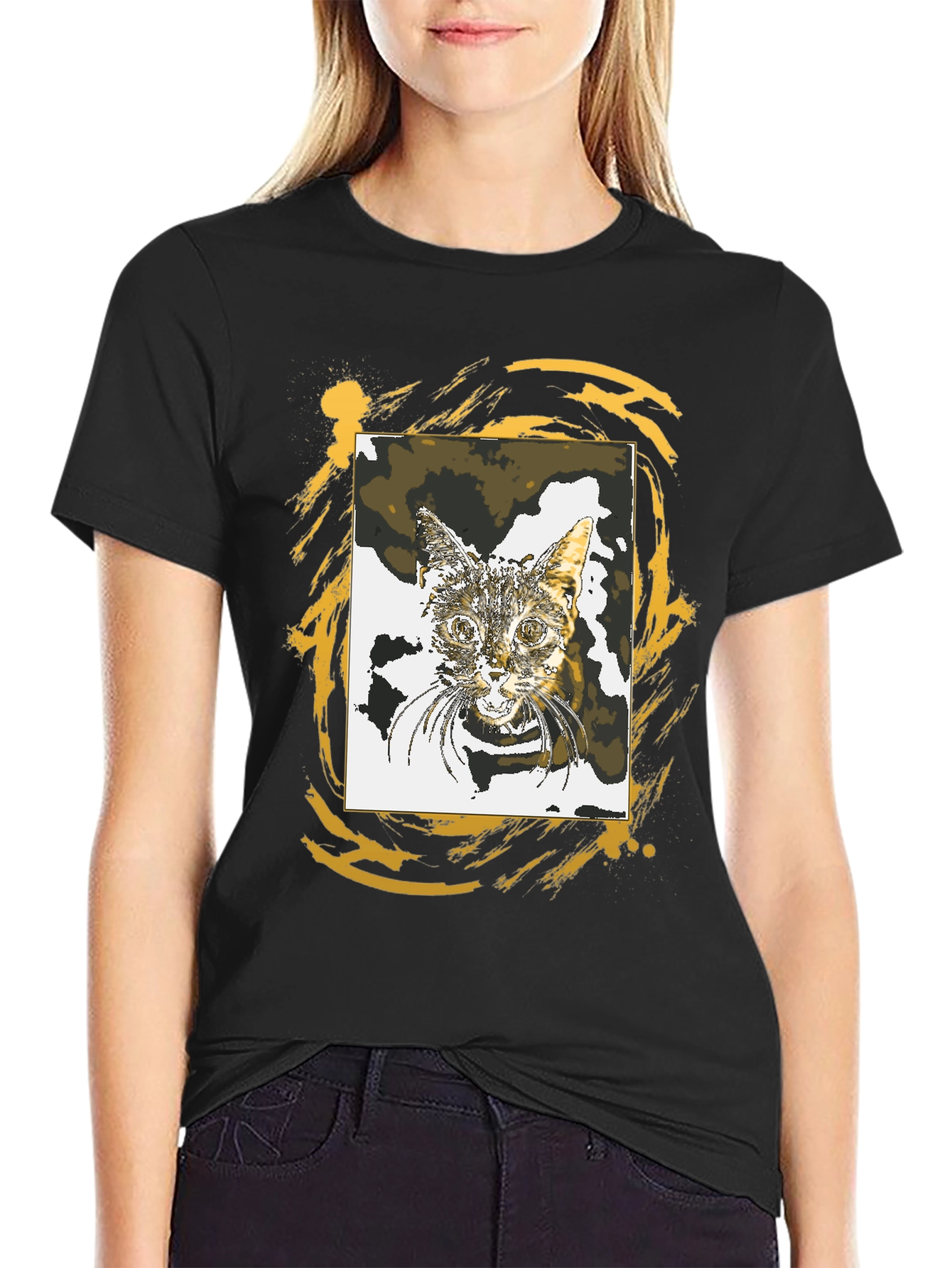 Cat Portrait Graphic Tee - Stylish Black T-Shirt
