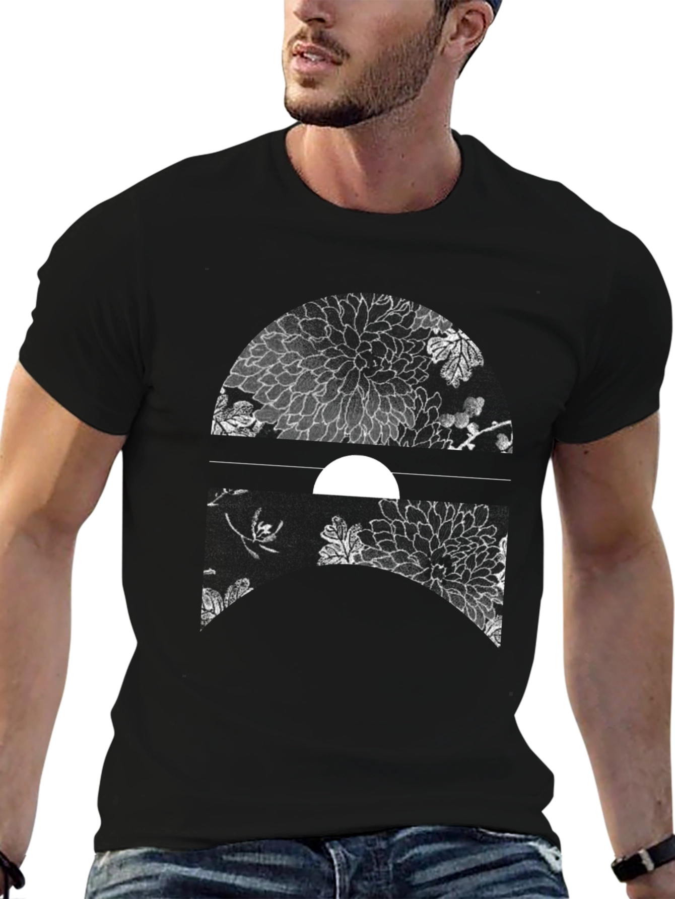 Floral Moon Graphic Tee - Black Cotton Blend