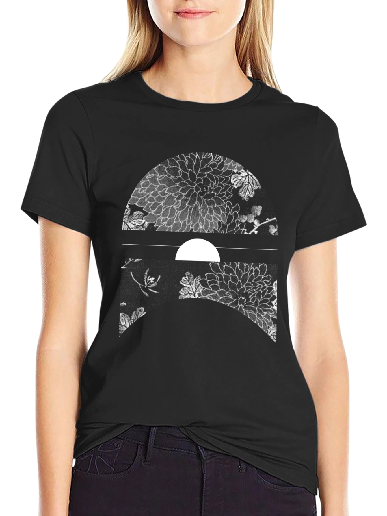 Floral Moon Graphic Tee - Black Cotton Blend
