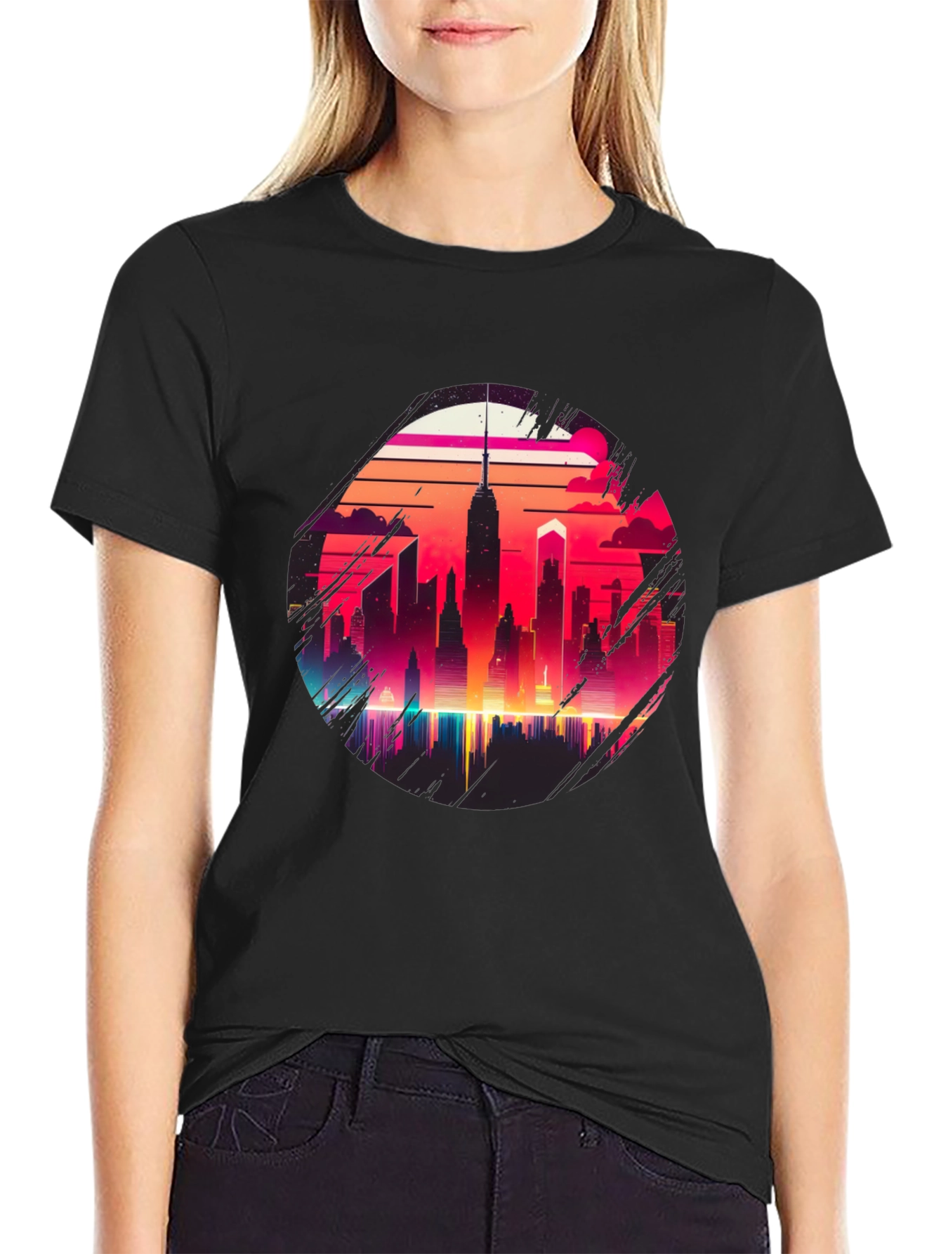 Retro Cityscape Graphic Tee - Black