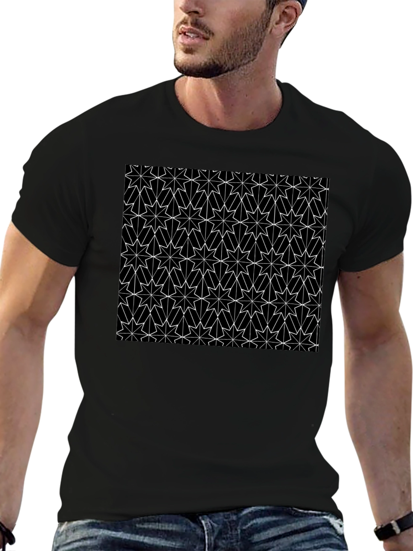 Geometric Star Pattern Black T-Shirt