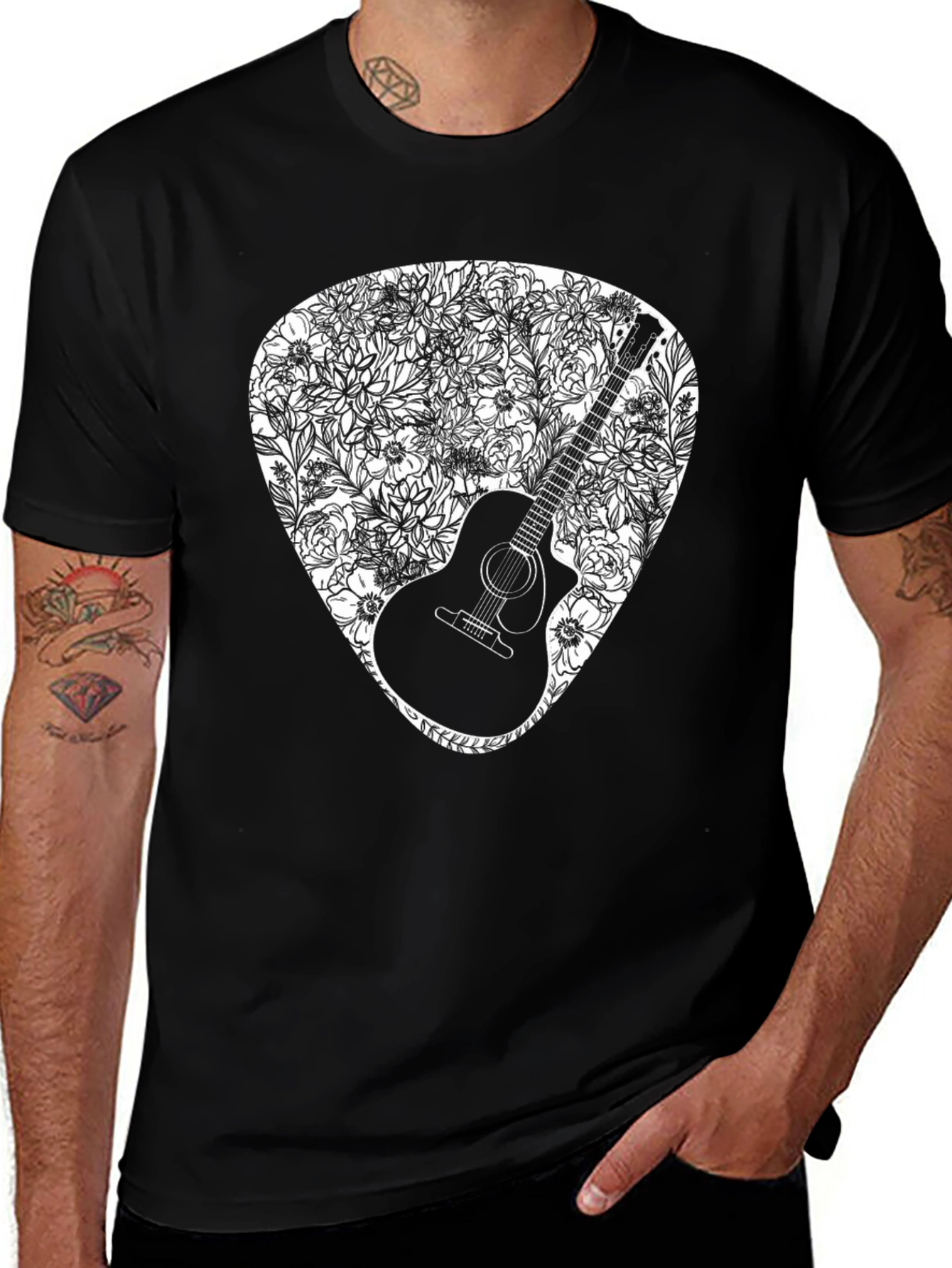 Guitar Floral Pick Graphic Tee - Black
