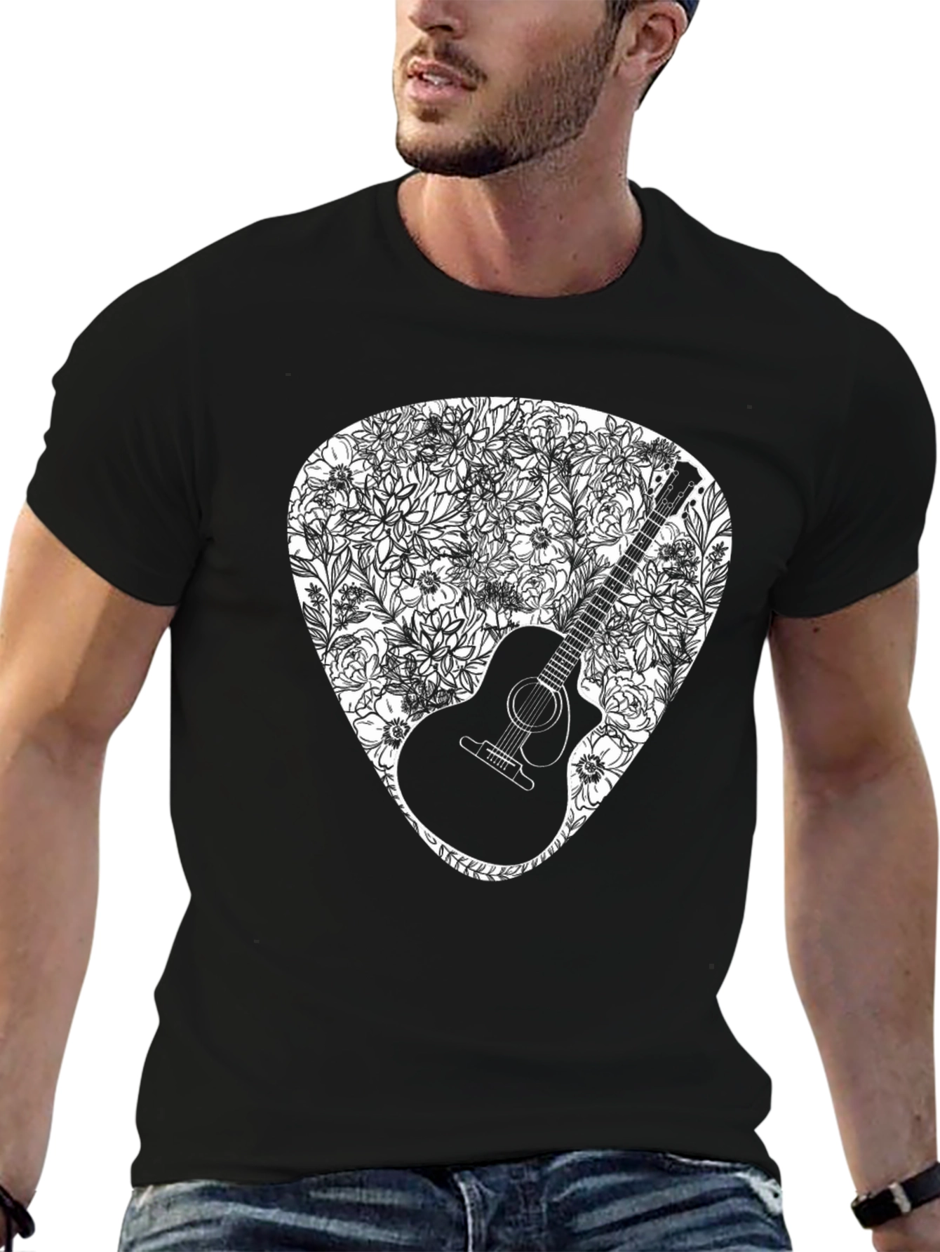 Guitar Floral Pick Graphic Tee - Black