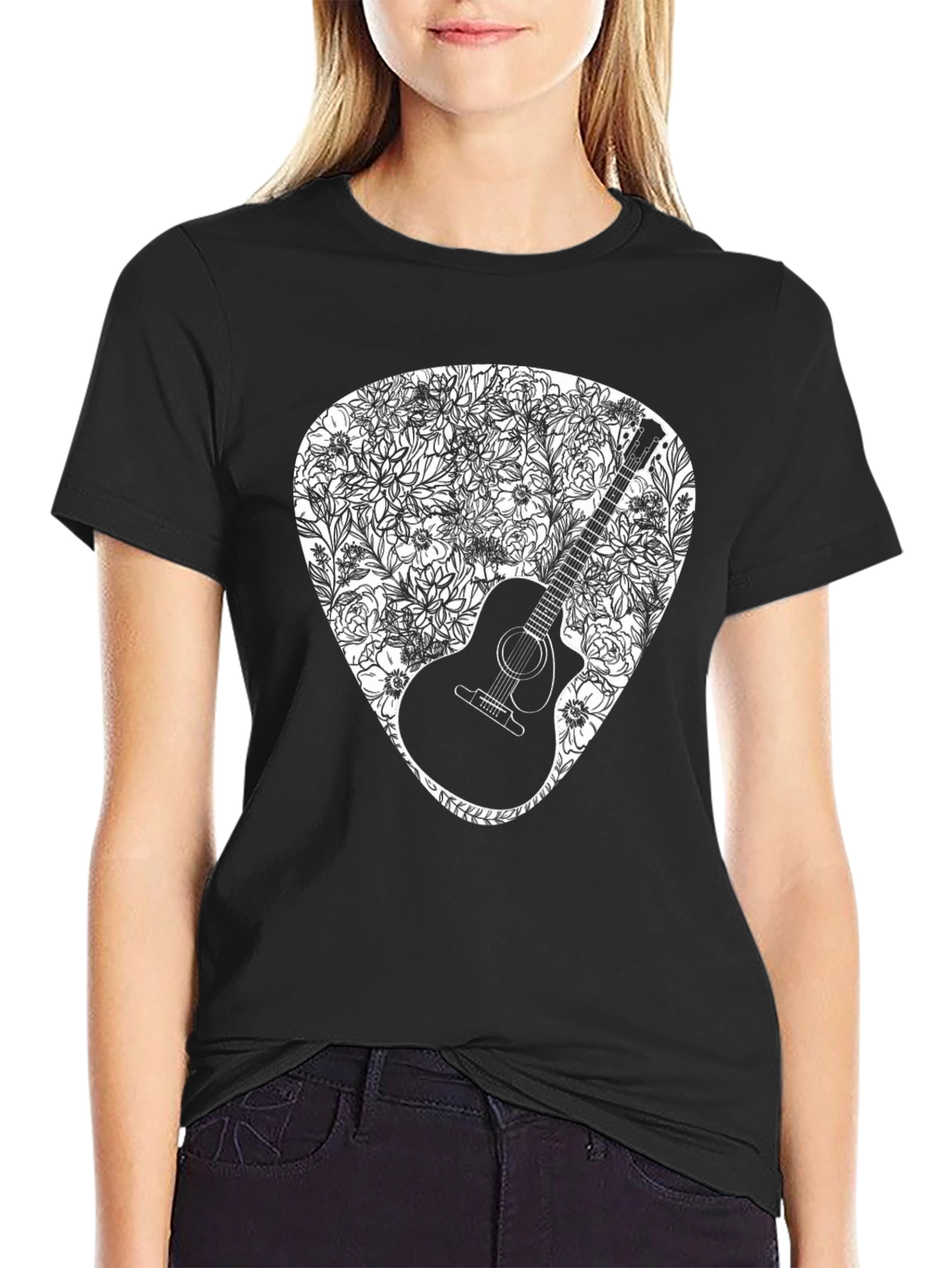 Guitar Floral Pick Graphic Tee - Black