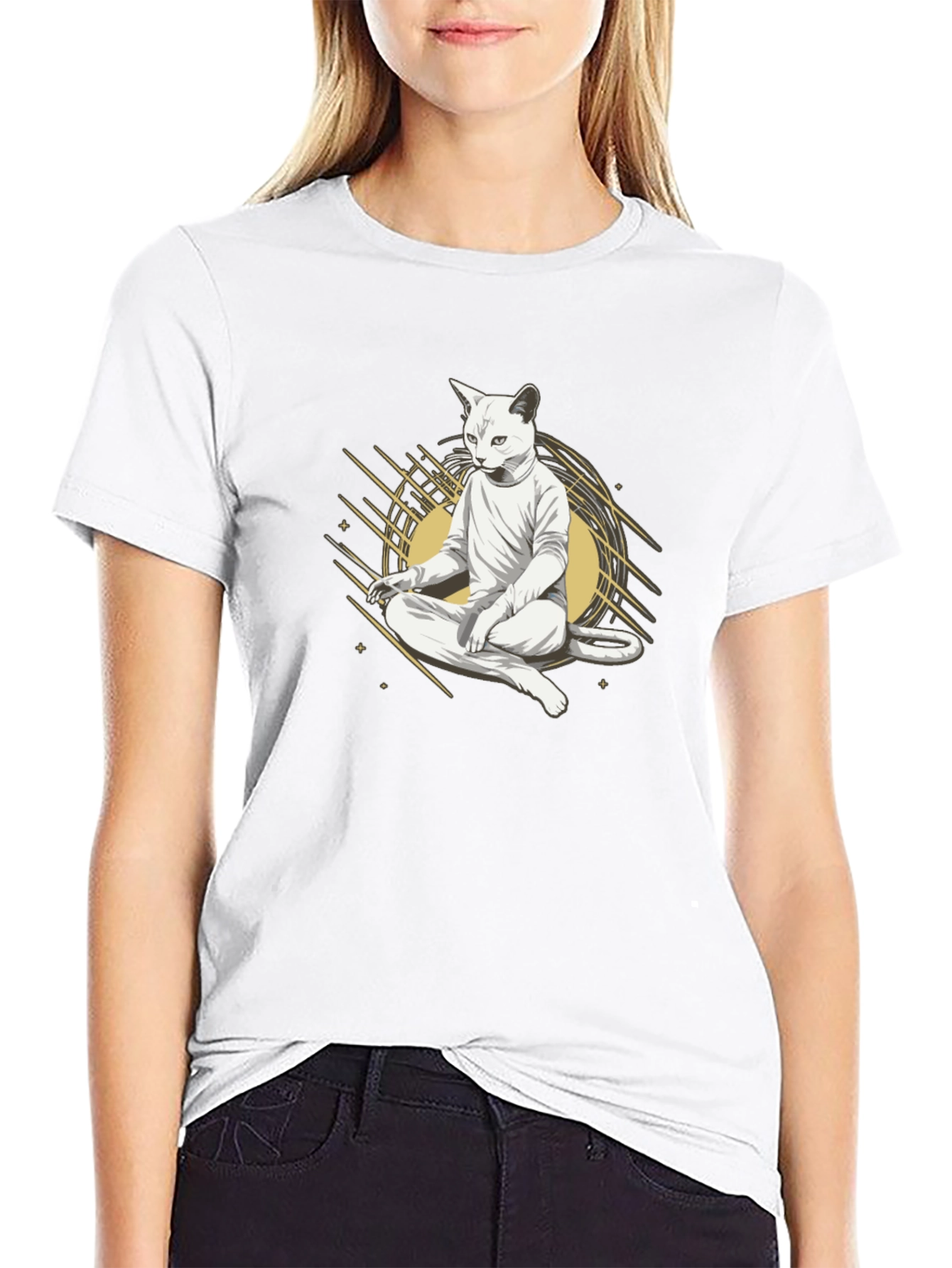 Zen Cat Black T-Shirt - Meditating Feline Design
