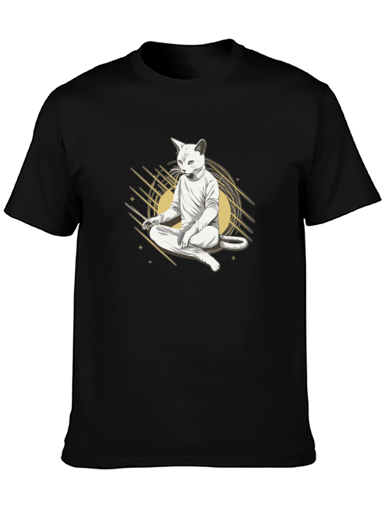 Zen Cat Black T-Shirt - Meditating Feline Design