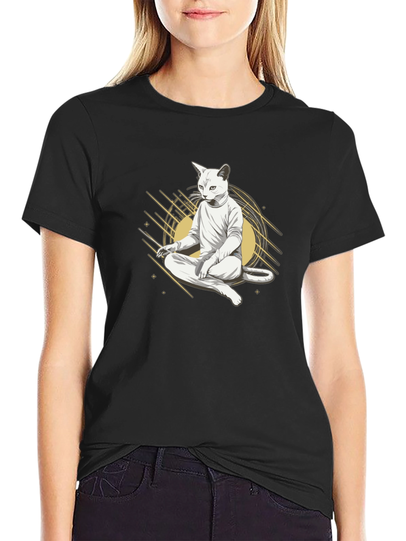 Zen Cat Black T-Shirt - Meditating Feline Design