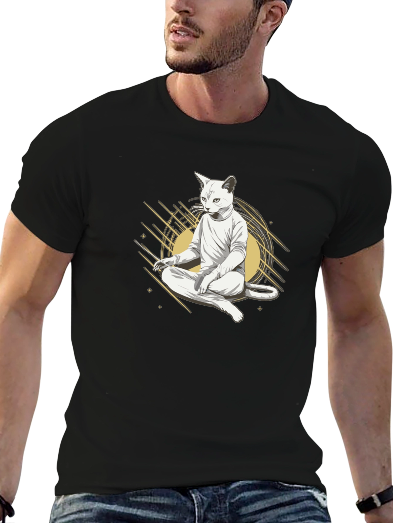Zen Cat Black T-Shirt - Meditating Feline Design