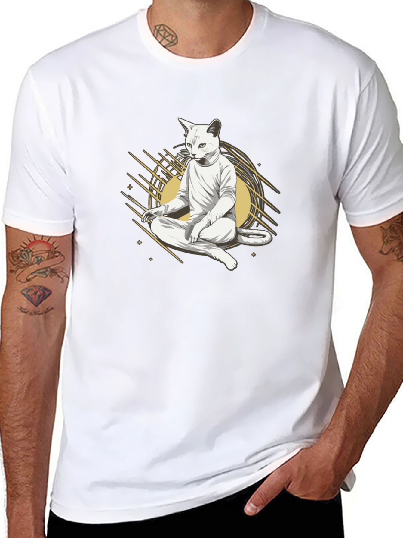 Zen Cat Black T-Shirt - Meditating Feline Design
