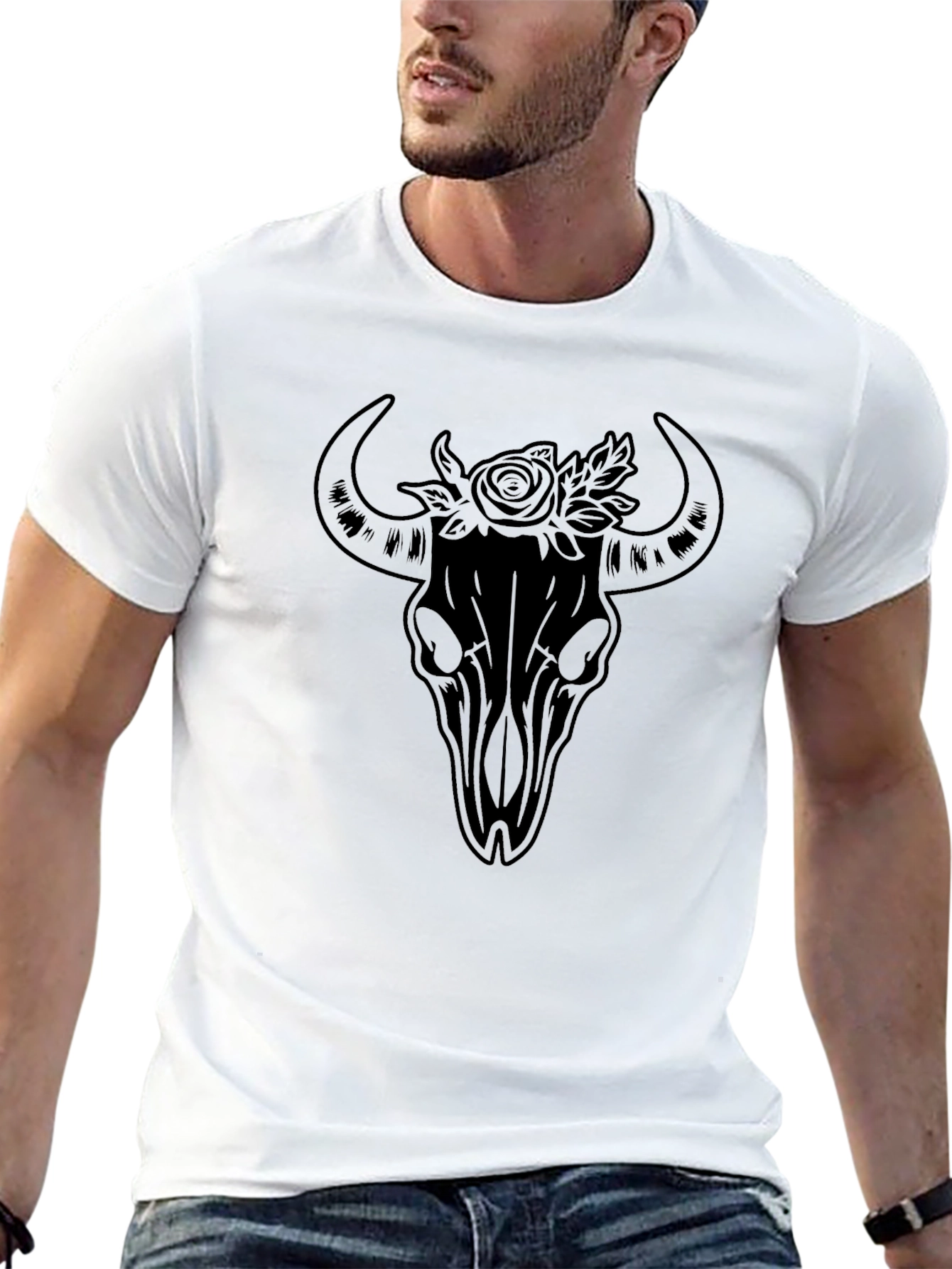 Black Bull Skull & Roses Graphic Tee